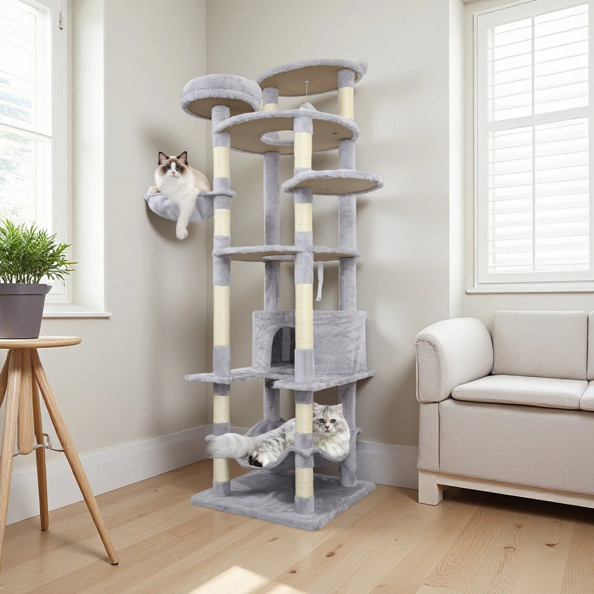 Gray Cat Tree with 3 Condos and Sisal Scratching Posts - Image 9