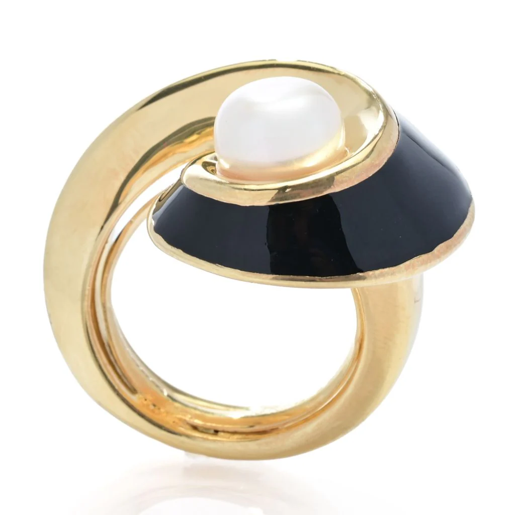 Graziella 23K Gold Plated 14mm Cultured Pearl & Enamel Wrap Ring - Image 2