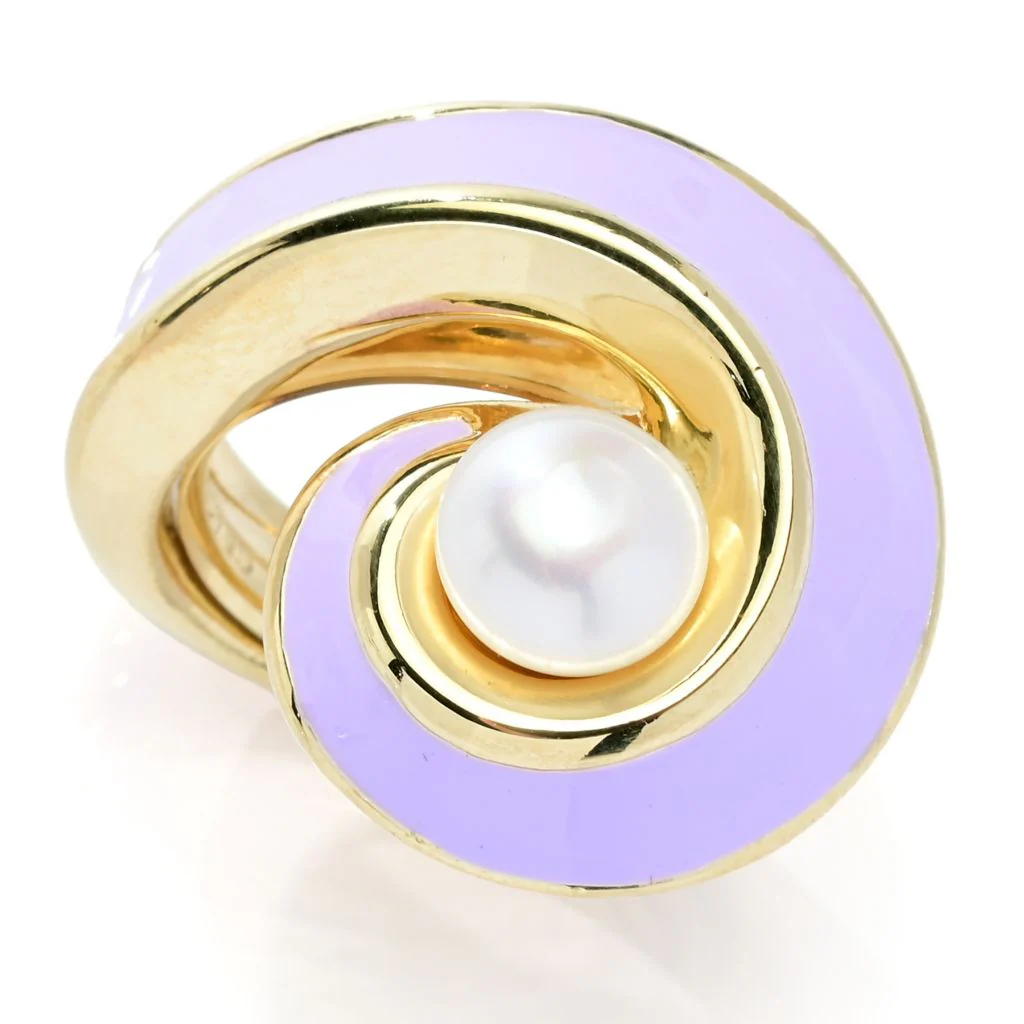 Graziella 23K Gold Plated 14mm Cultured Pearl & Enamel Wrap Ring - Image 3