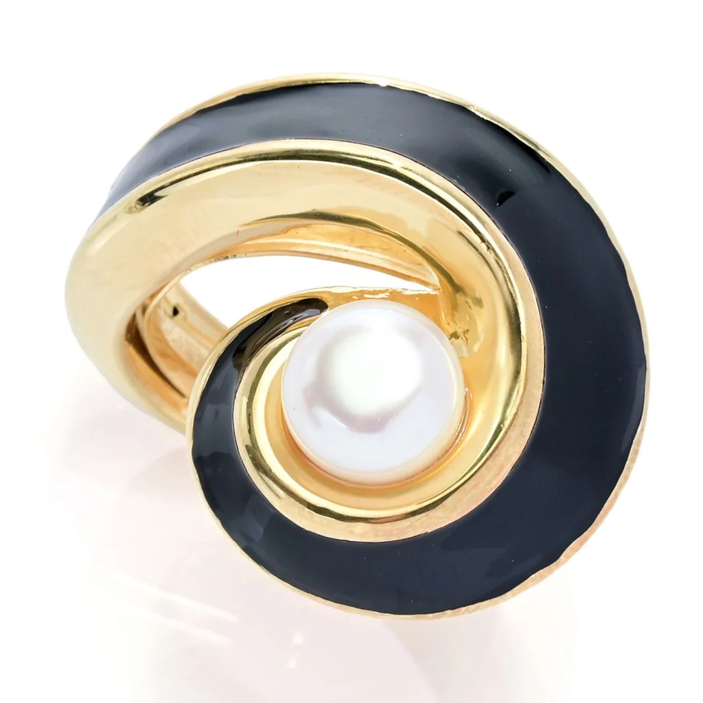 Graziella 23K Gold Plated 14mm Cultured Pearl & Enamel Wrap Ring - Image 4