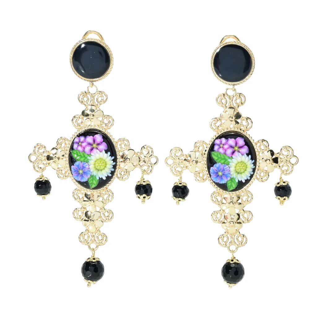 Graziella 23K Gold Plated Carved Resin & Black Onyx Cross Earrings - Image 3