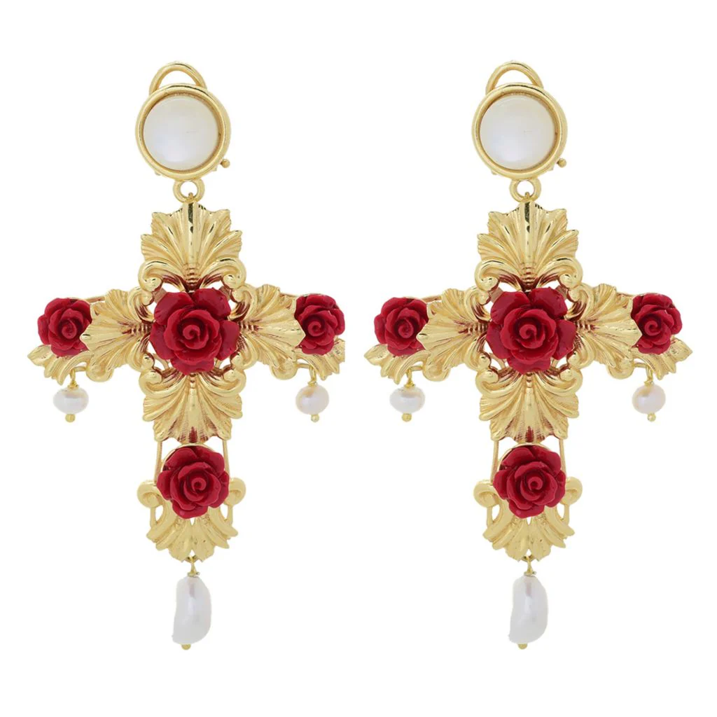 Graziella 23K Gold Plated Carved Rose Cross & Cultured Pearl Drop Earrings
