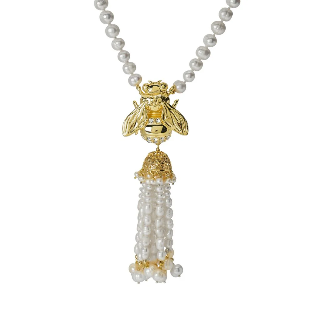 Graziella 23K Gold Plated Cultured Pearl & Simulated Diamond Bee Necklace - Image 3