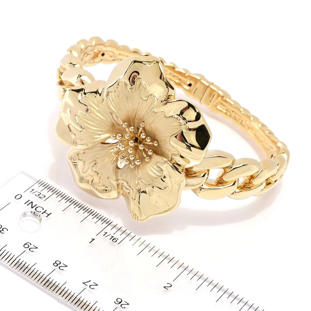 Graziella 23K Gold Plated Electroform Hibiscus Curb Link Cuff Bracelet - Image 2