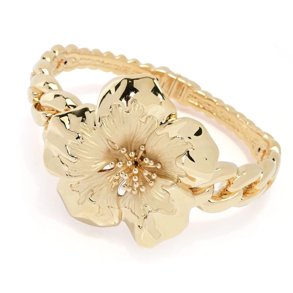 Graziella 23K Gold Plated Electroform Hibiscus Curb Link Cuff Bracelet - Image 3