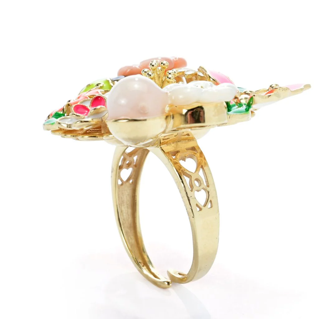 Graziella 23K Gold Plated Enamel & Mother-of-Pearl Floral Ring - Image 2