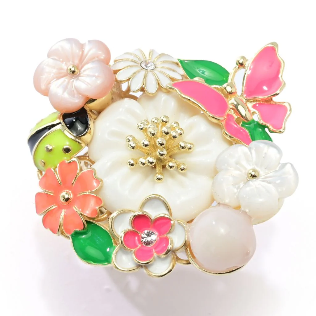 Graziella 23K Gold Plated Enamel & Mother-of-Pearl Floral Ring - Image 3