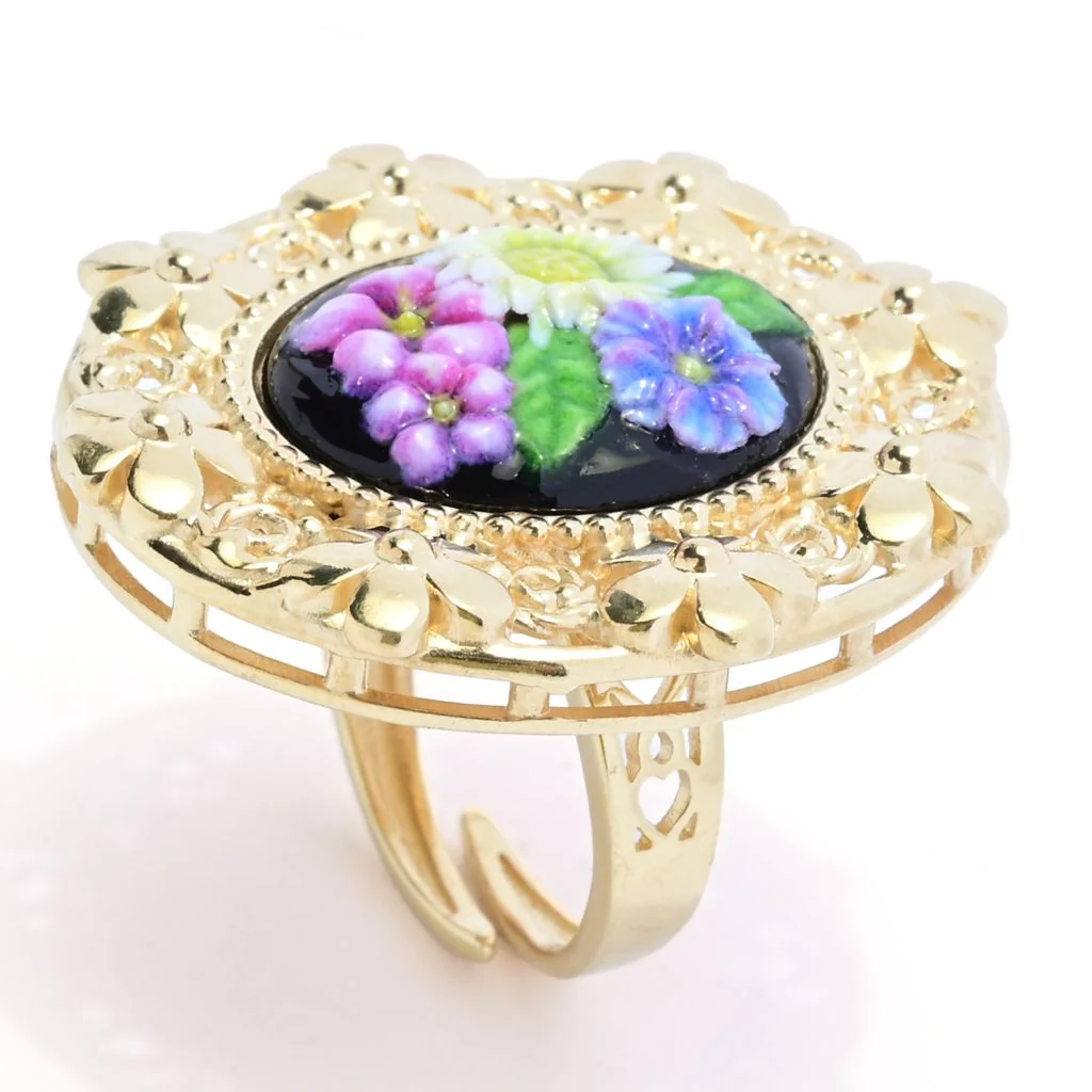 Graziella 23K Gold Plated Painted Floral Carved Resin Flower Ring - Image 2