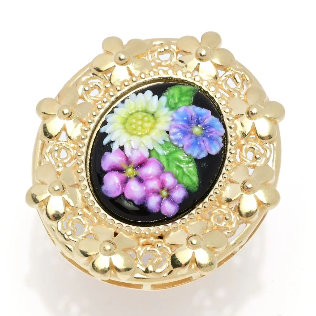 Graziella 23K Gold Plated Painted Floral Carved Resin Flower Ring - Image 3