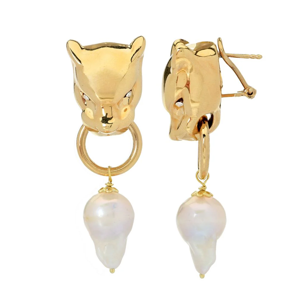 Graziella 23K Gold Plated Simulated Diamond & Baroque Pearl Panther Earrings - Image 2