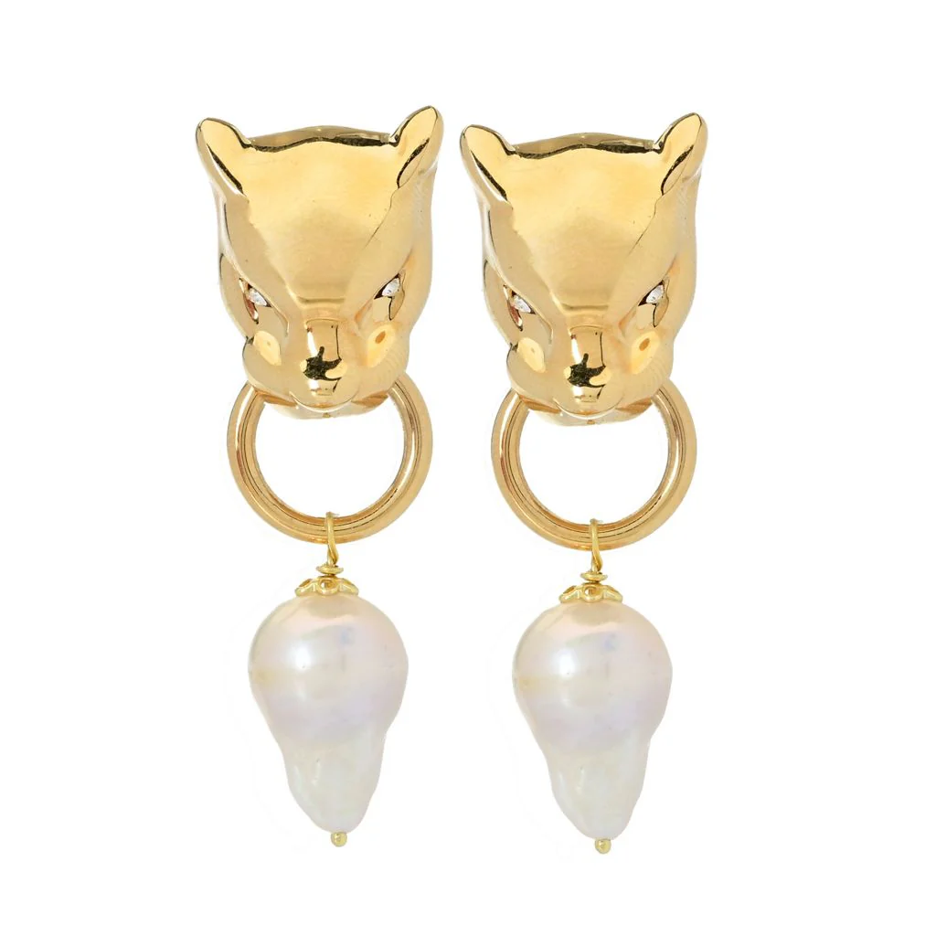 Graziella 23K Gold Plated Simulated Diamond & Baroque Pearl Panther Earrings - Image 3
