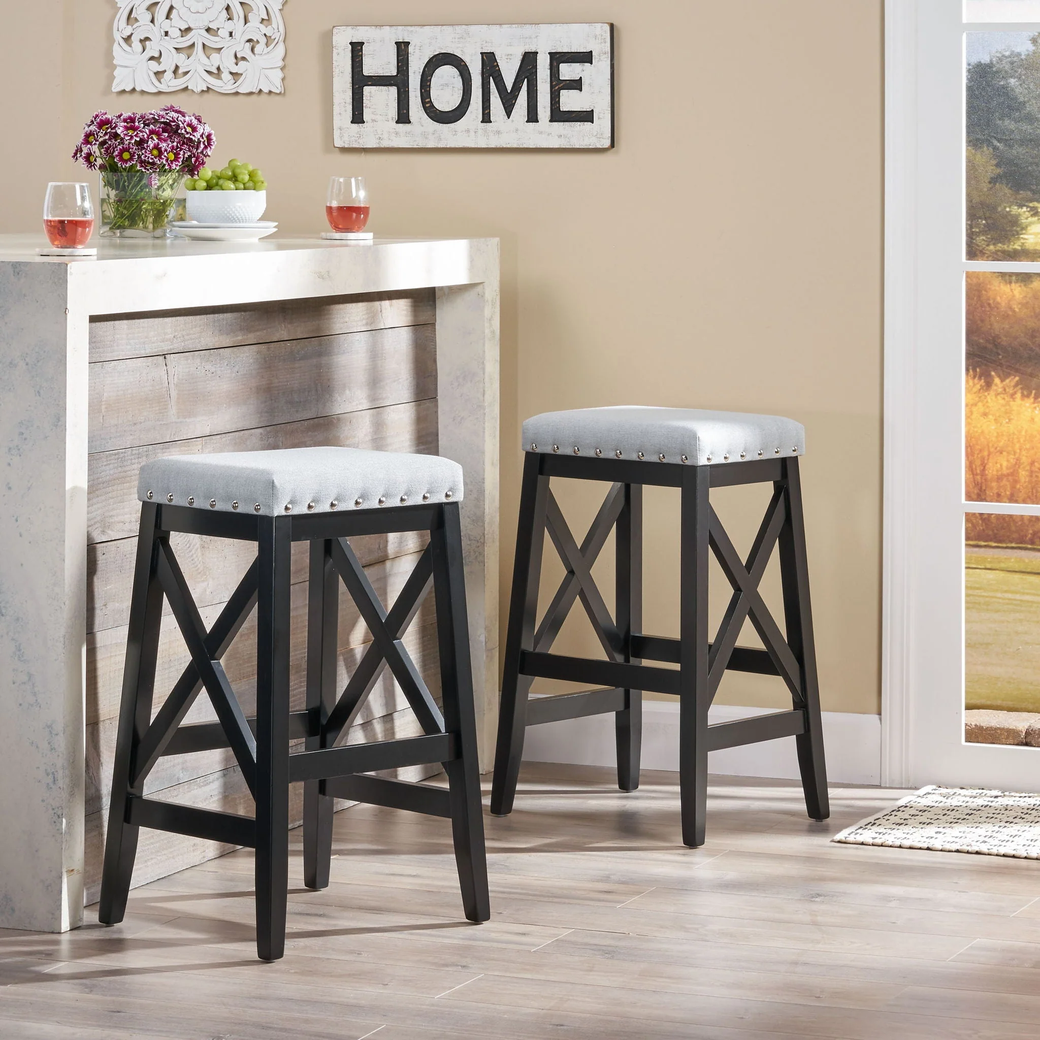 Greely Saddle Barstool Set With Fabric Upholstery - Light Gray - Image 2