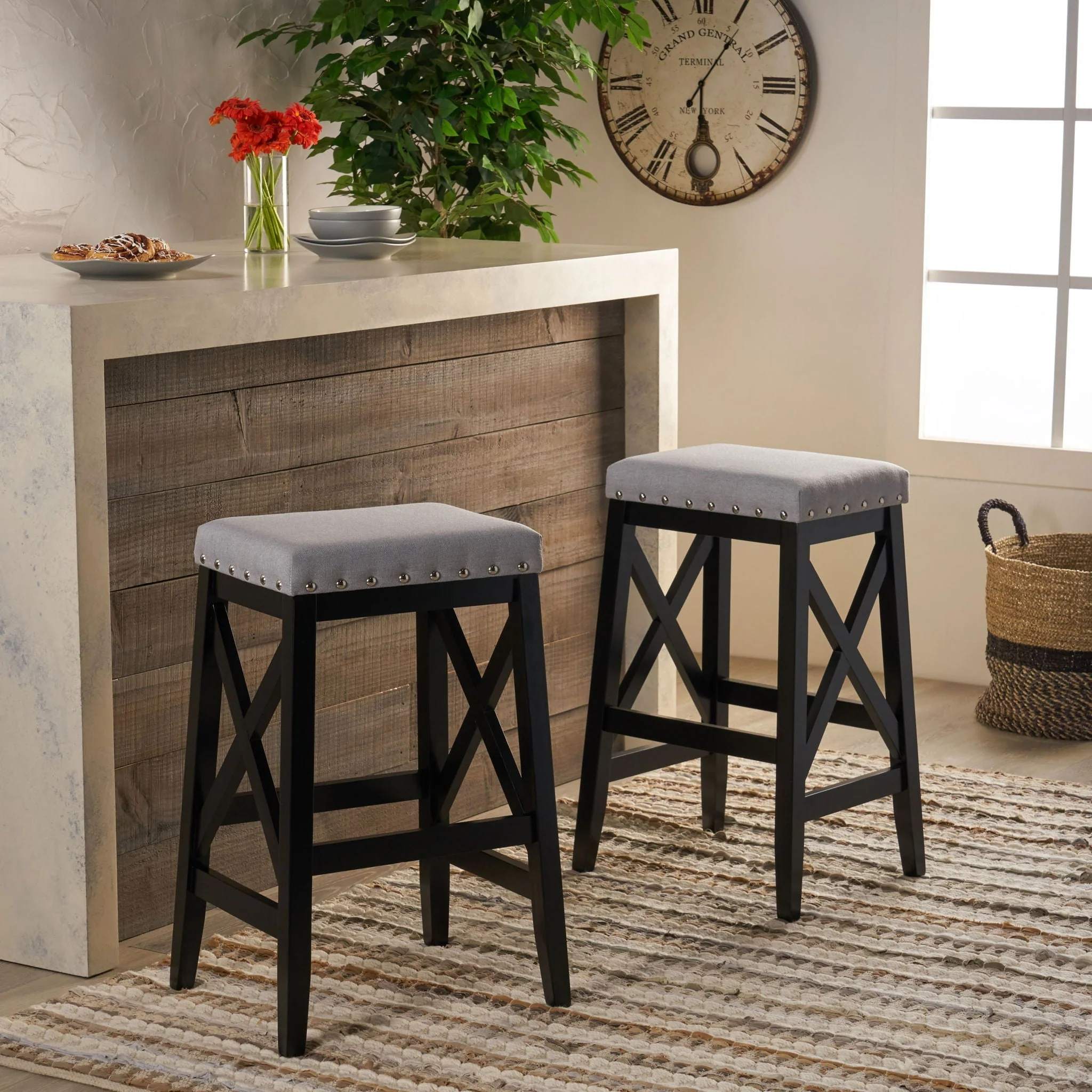 Greely Saddle Barstool Set With Fabric Upholstery - Light Gray - Image 4