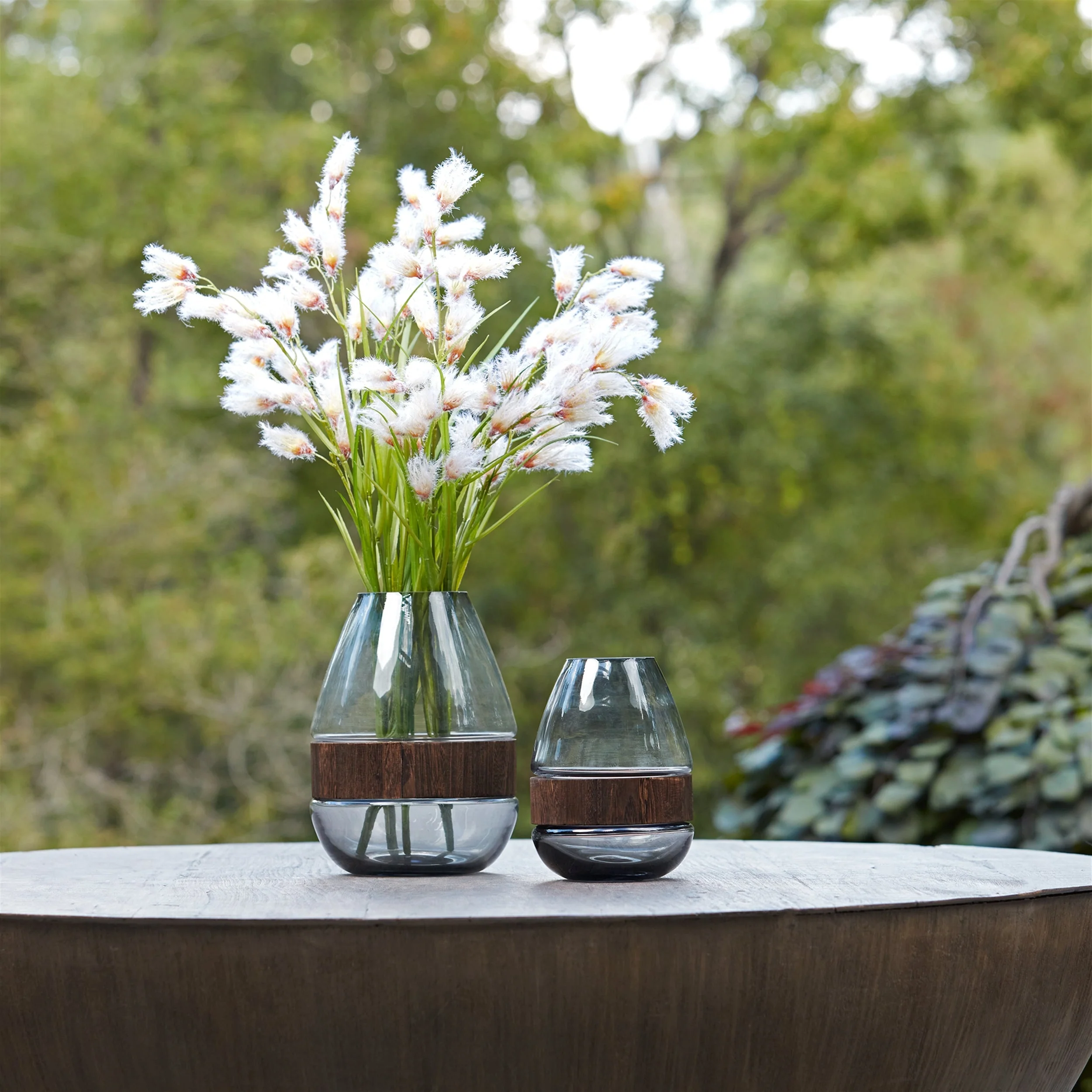 Grey glass vase with natural wood accent 10"h - Image 2