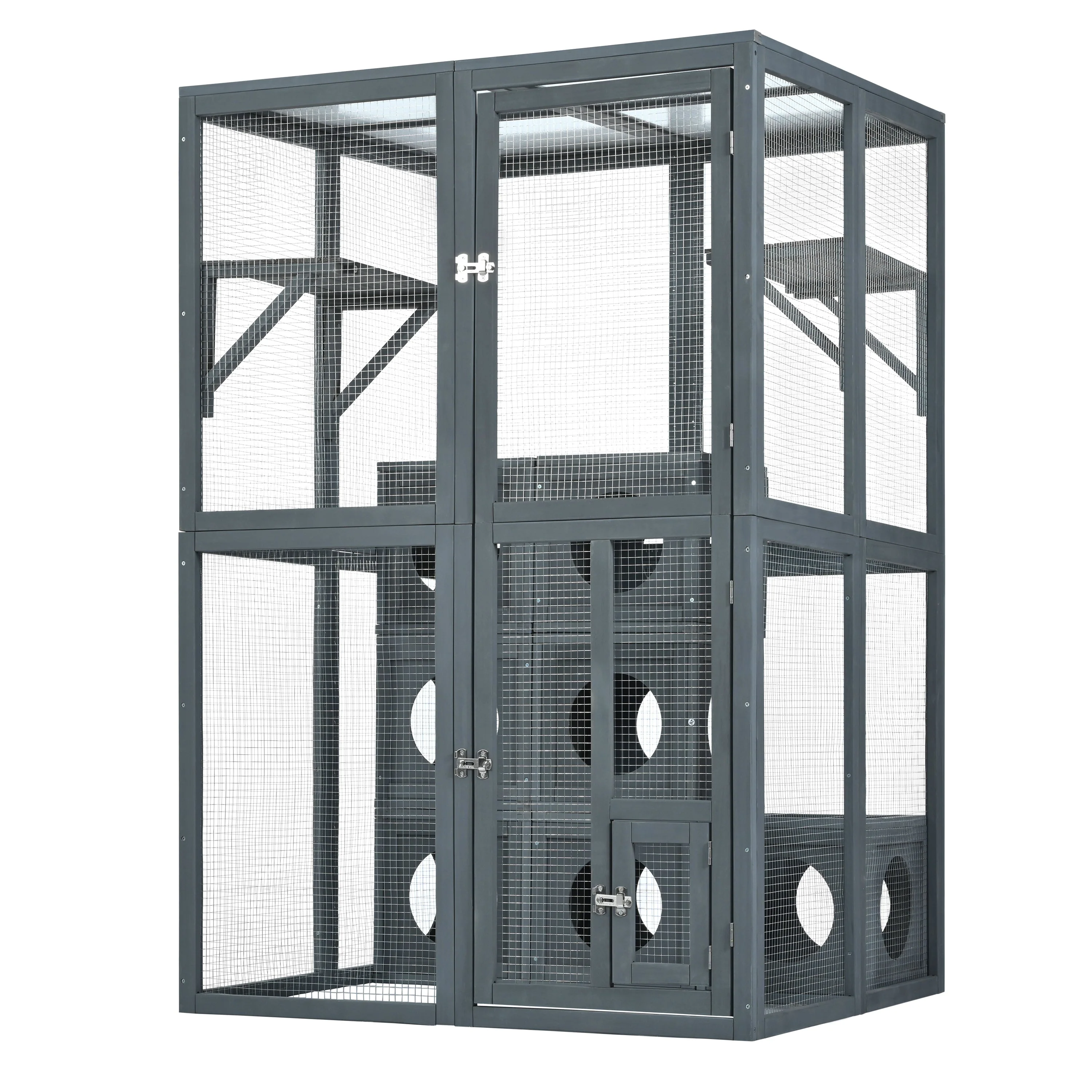 Grey Pine Wood Outdoor Cat House with Shelves and Weather Protection - Image 11
