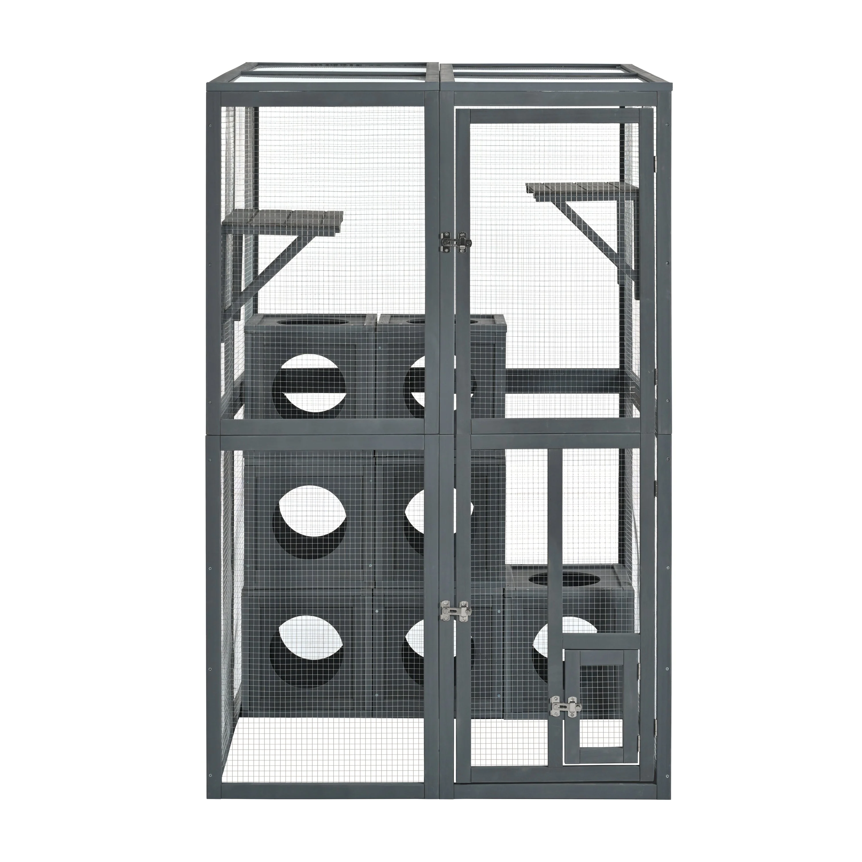 Grey Pine Wood Outdoor Cat House with Shelves and Weather Protection - Image 12