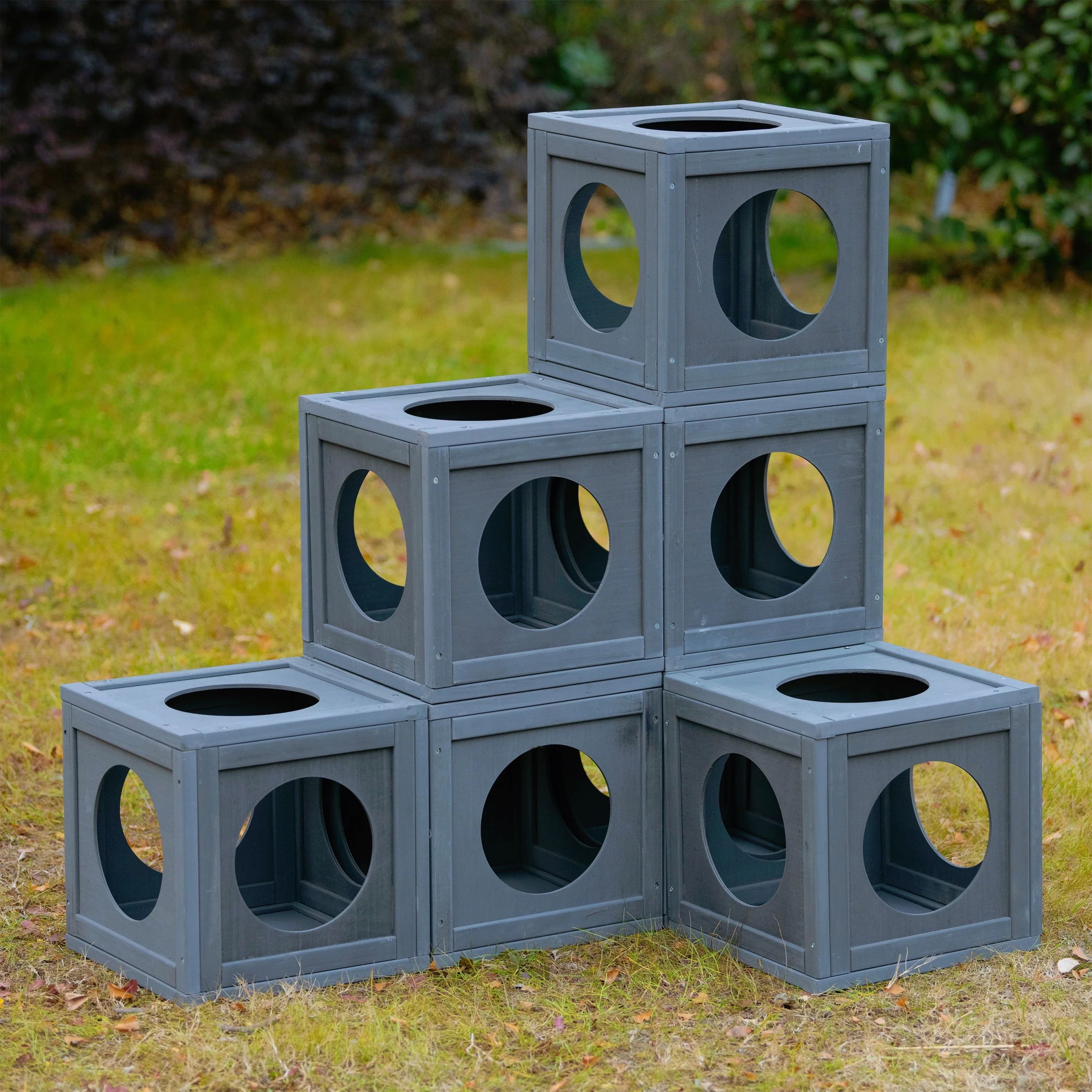 Grey Pine Wood Outdoor Cat House with Shelves and Weather Protection - Image 16