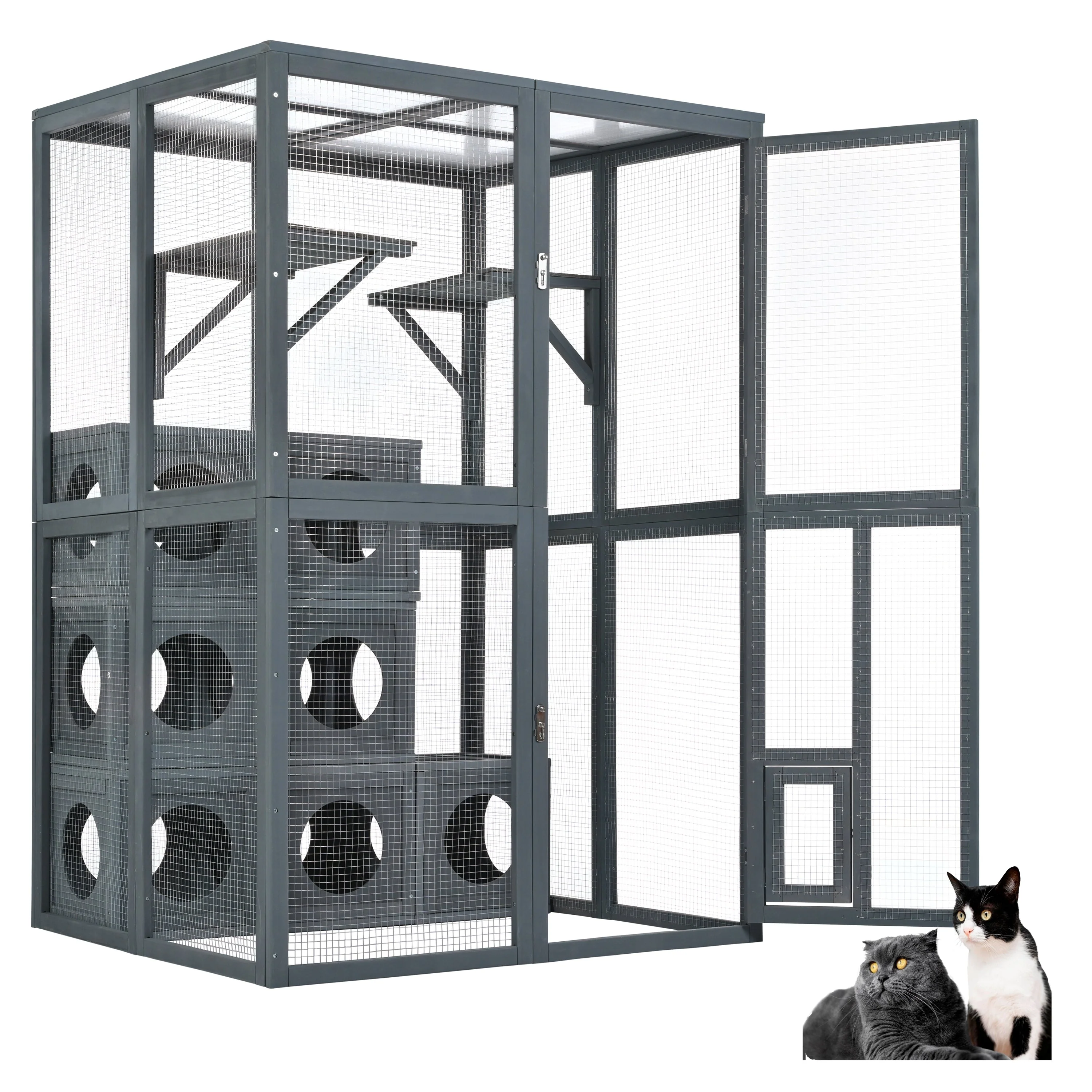 Grey Pine Wood Outdoor Cat House with Shelves and Weather Protection - Image 2