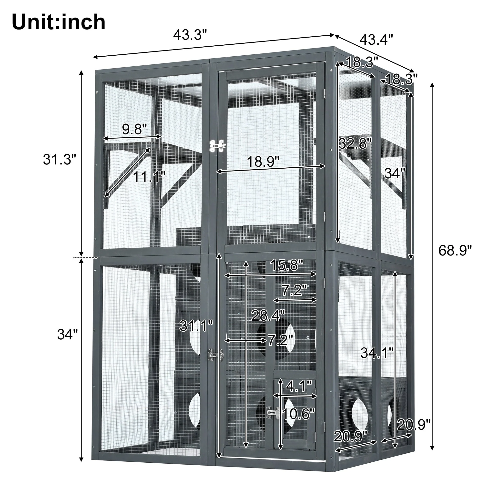 Grey Pine Wood Outdoor Cat House with Shelves and Weather Protection - Image 3