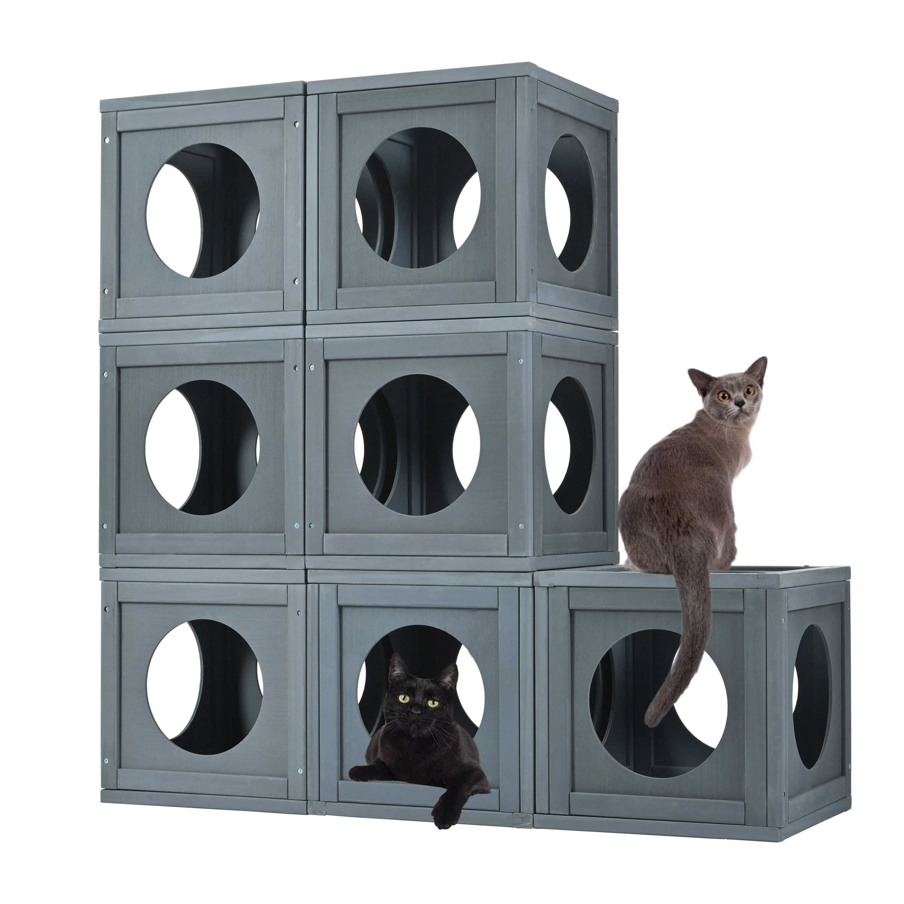 Grey Pine Wood Outdoor Cat House with Shelves and Weather Protection - Image 6