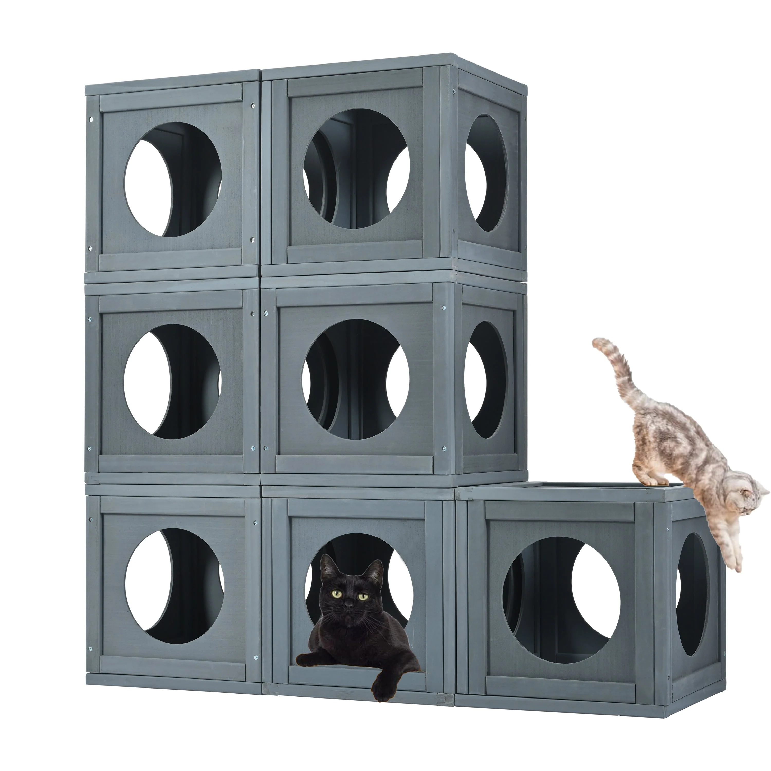 Grey Pine Wood Outdoor Cat House with Shelves and Weather Protection - Image 7