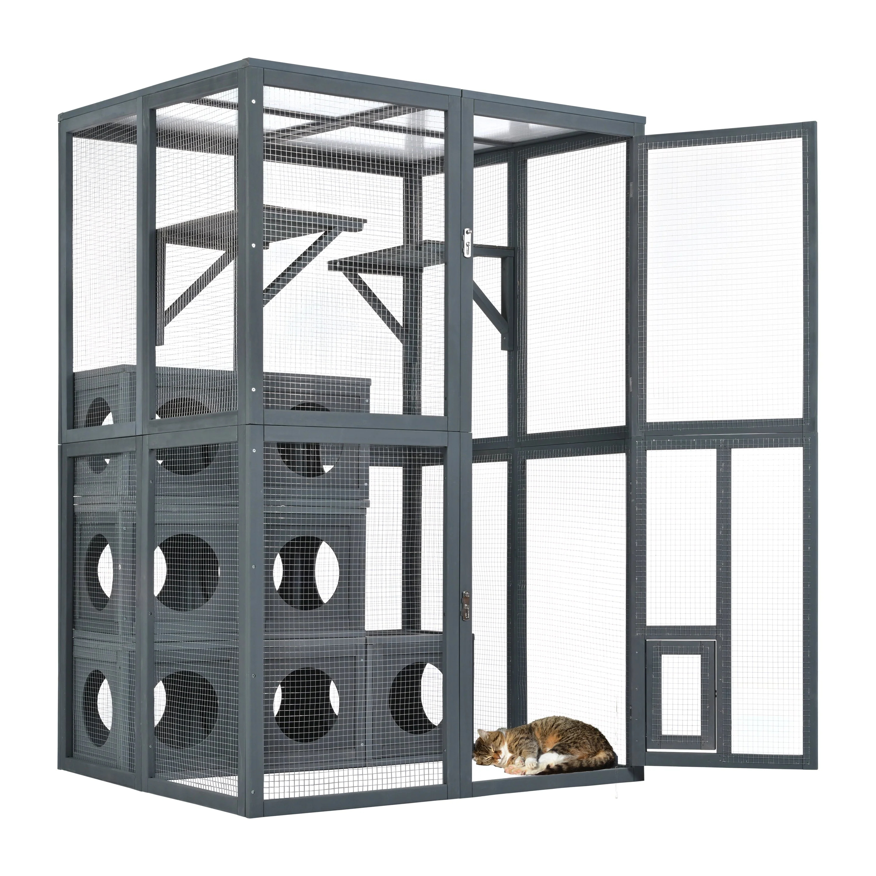 Grey Pine Wood Outdoor Cat House with Shelves and Weather Protection - Image 8