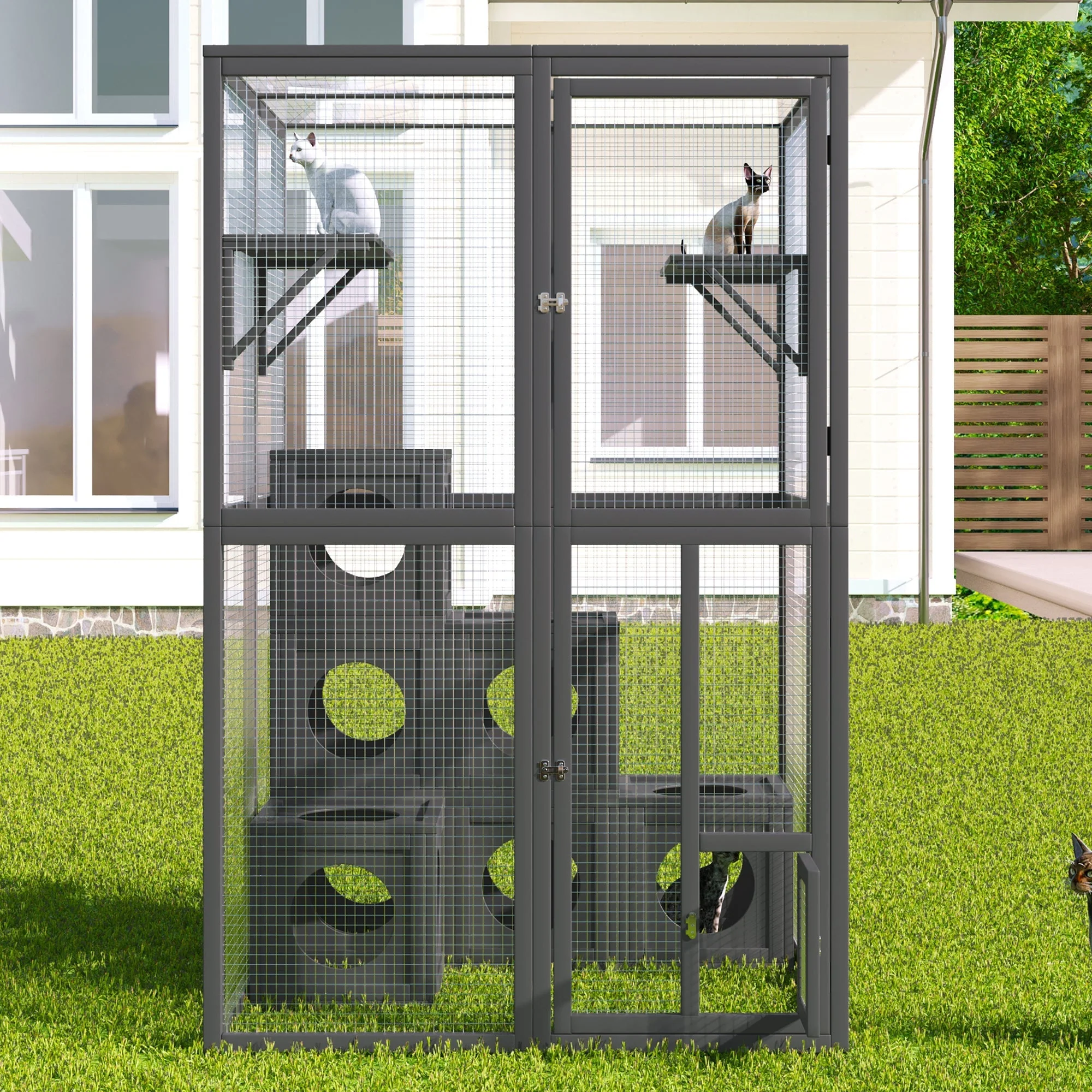 Grey Pine Wood Outdoor Cat House with Shelves and Weather Protection - Image 9