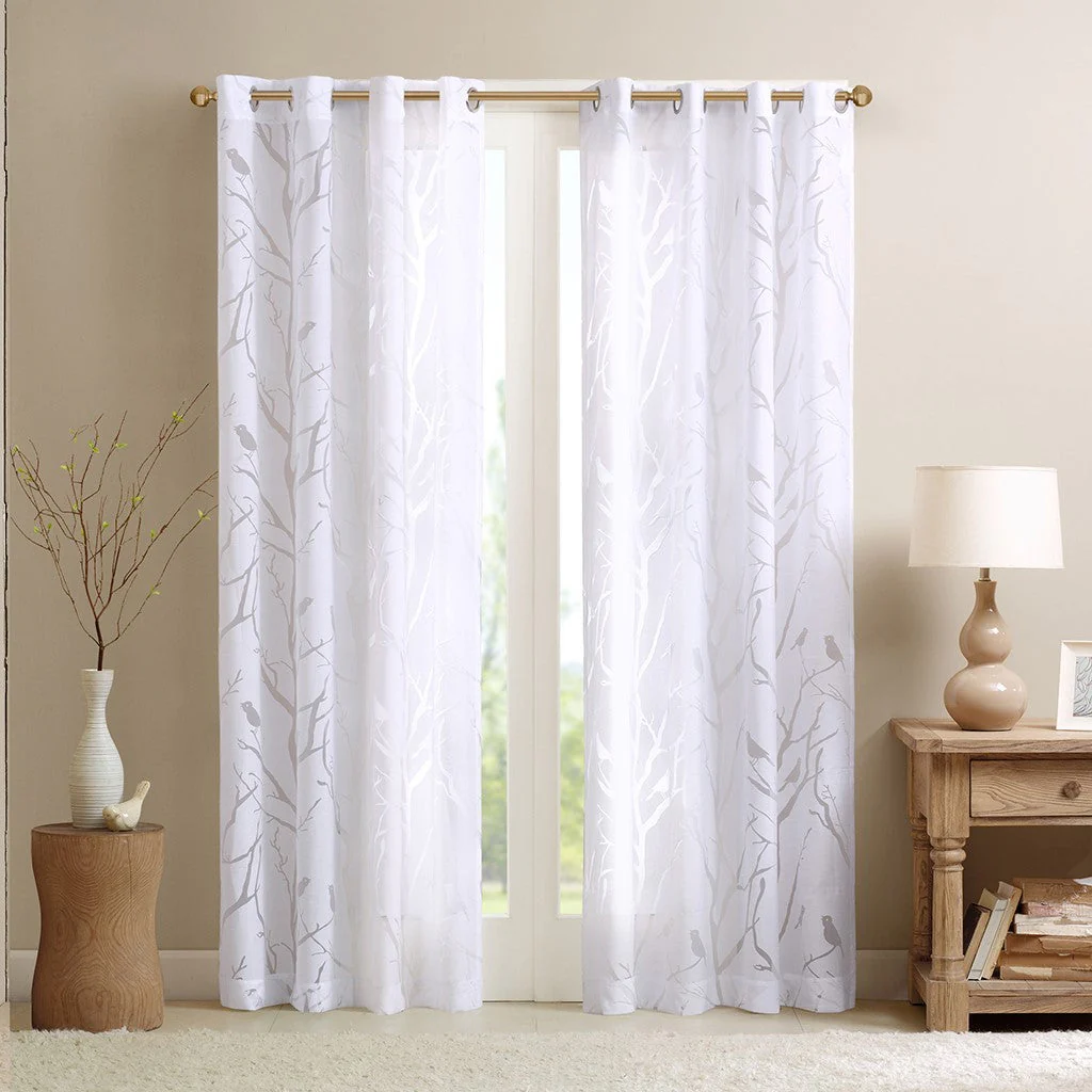 Grommet Top Sheer Bird on Branches Burnout Window Curtain Panel - Image 2