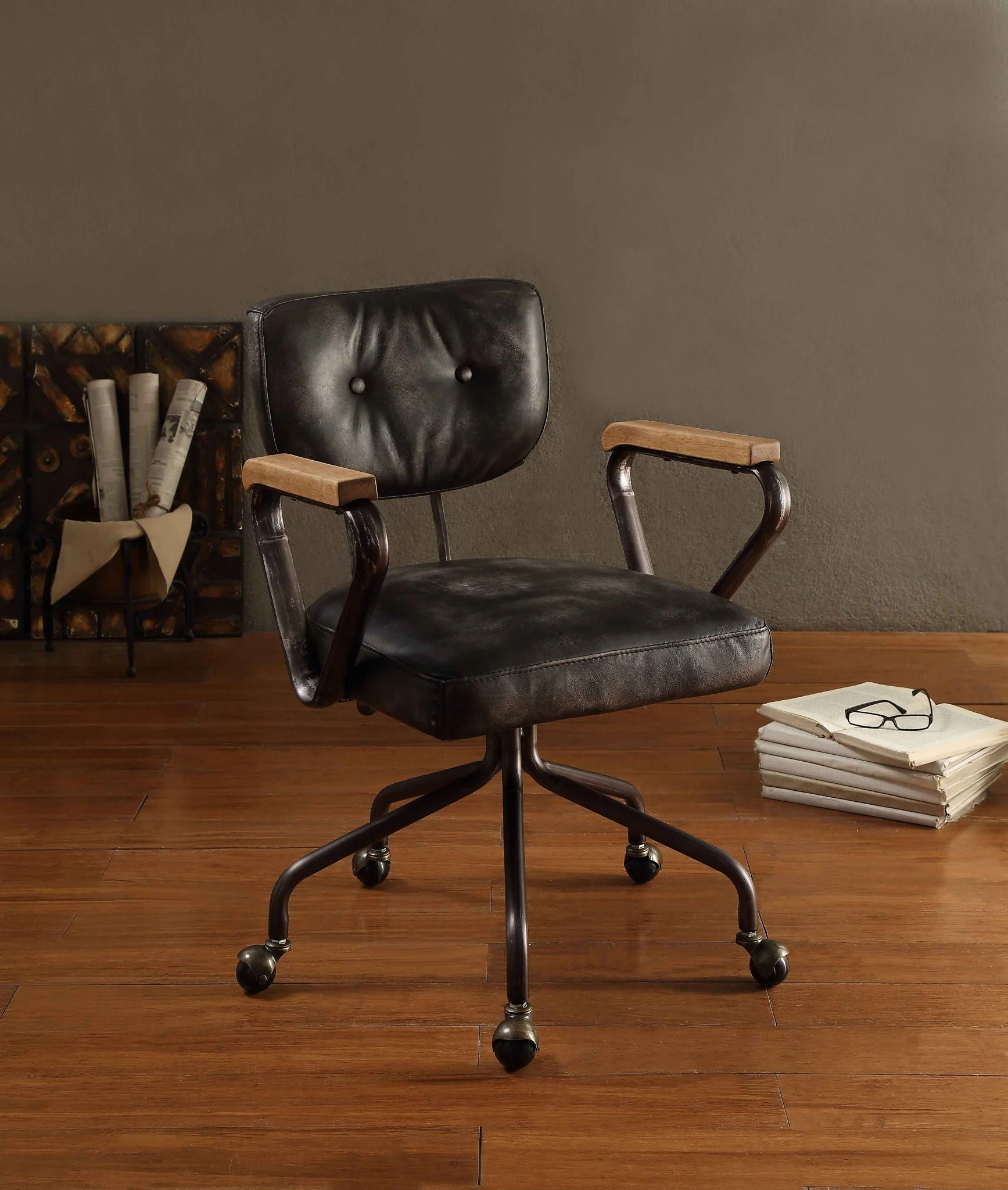 Hallie - Top Grain Leather Office Chair - Vintage Black - Image 3