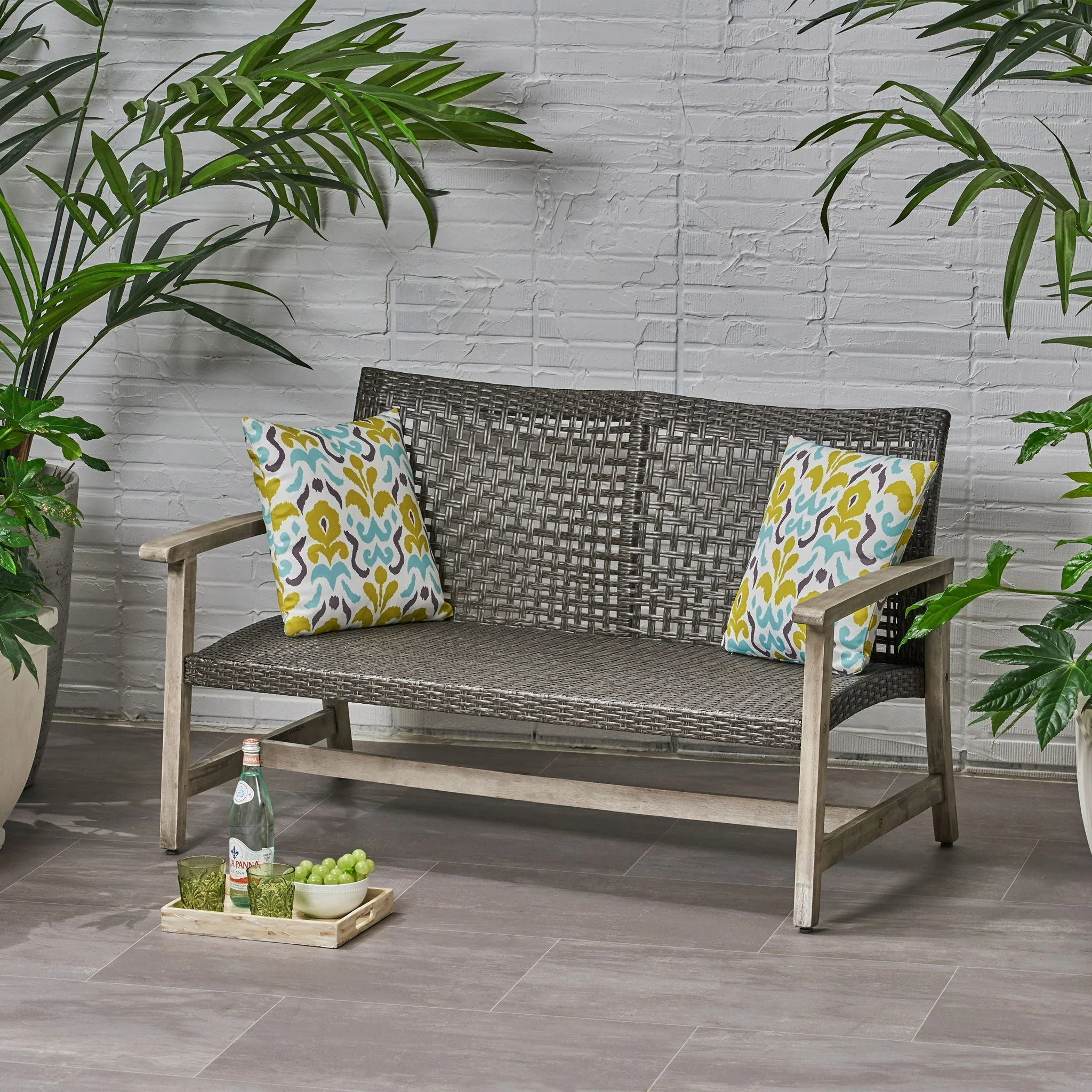 Hampton Outdoor Wood and Wicker Loveseat - Gray - Image 4