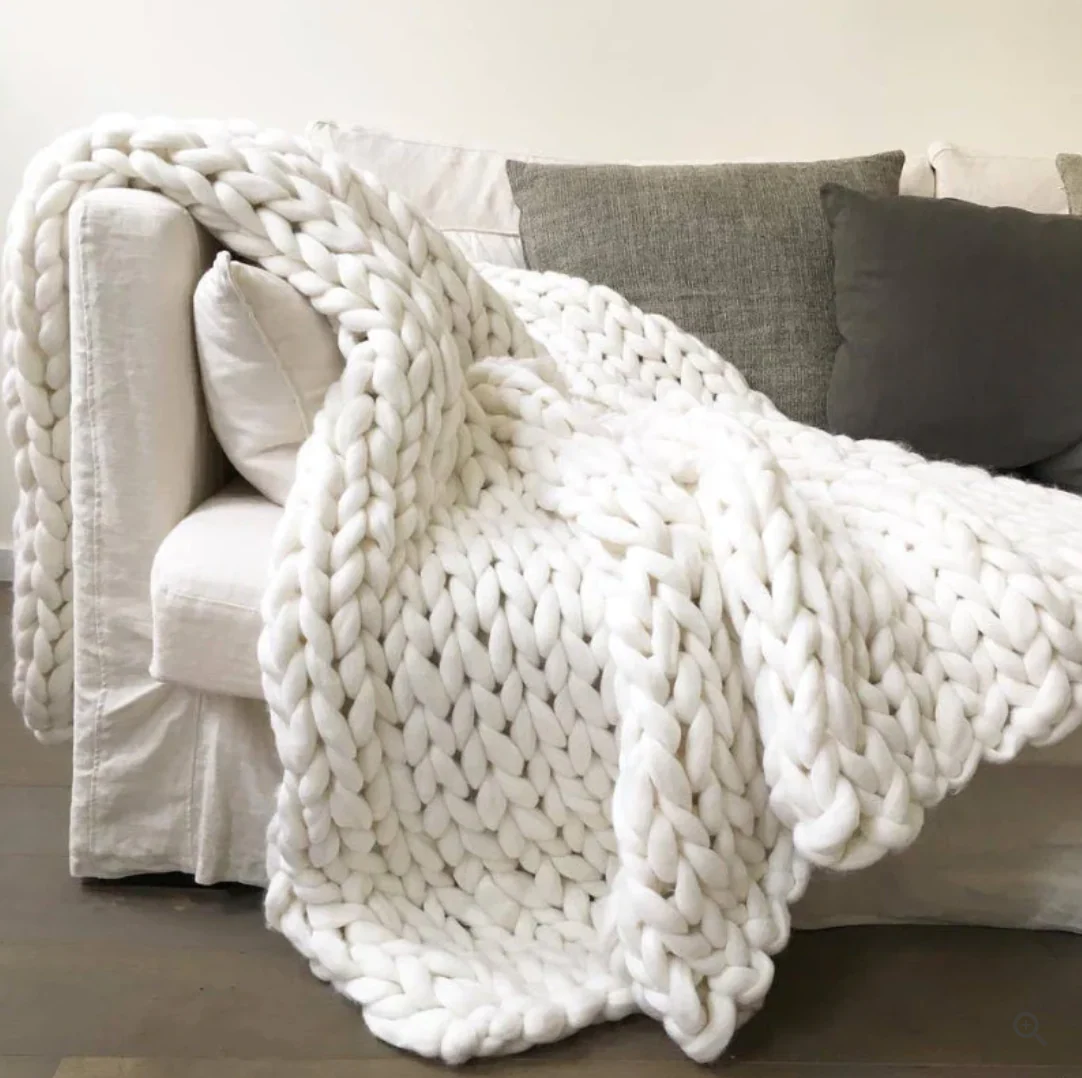 Hand Knitted Merino Wool Blanket Soft Chunky Throw All Season Cozy - Image 4