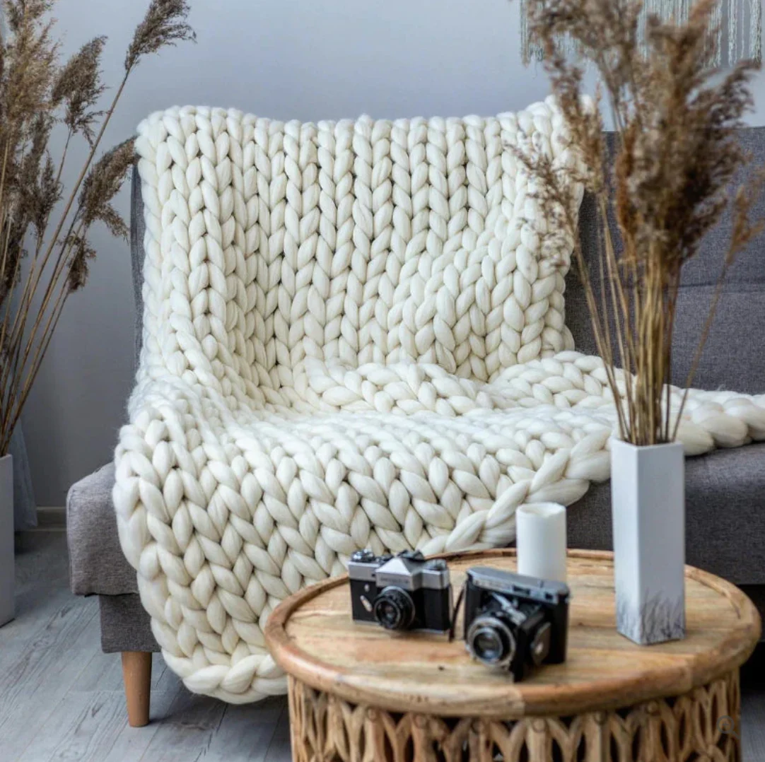 Hand Knitted Merino Wool Blanket Soft Chunky Throw All Season Cozy - Image 5