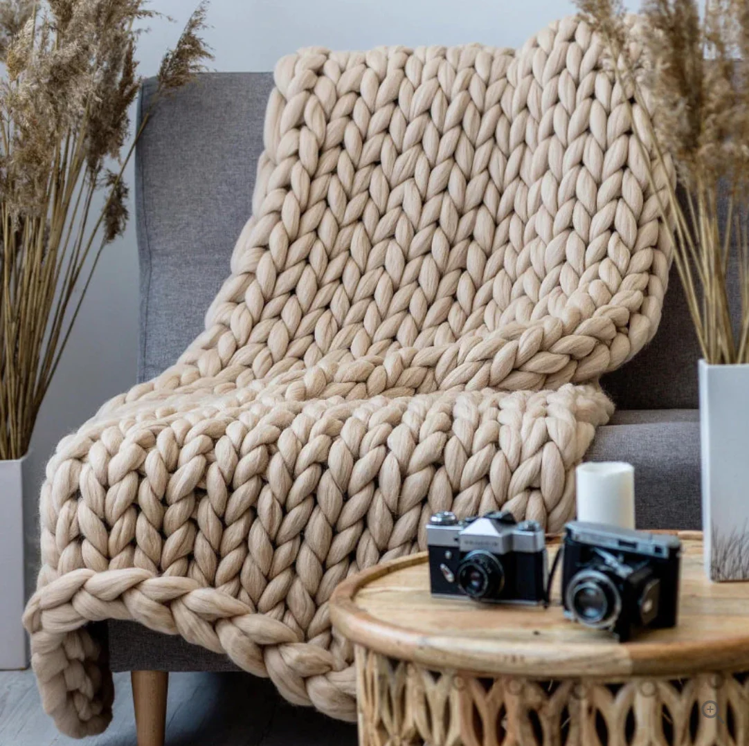 Hand Knitted Merino Wool Blanket Soft Chunky Throw All Season Cozy - Image 6