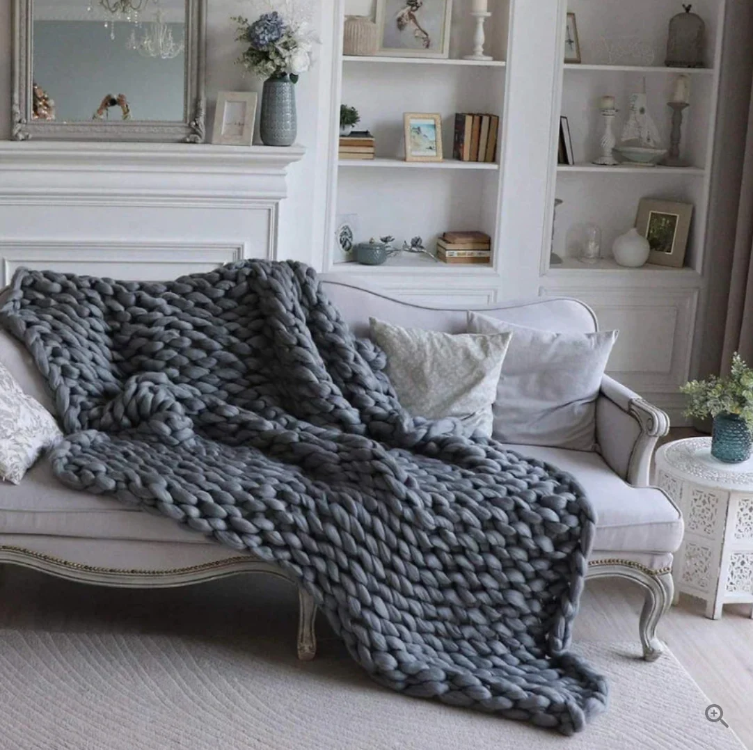 Hand Knitted Merino Wool Blanket Soft Chunky Throw All Season Cozy - Image 7