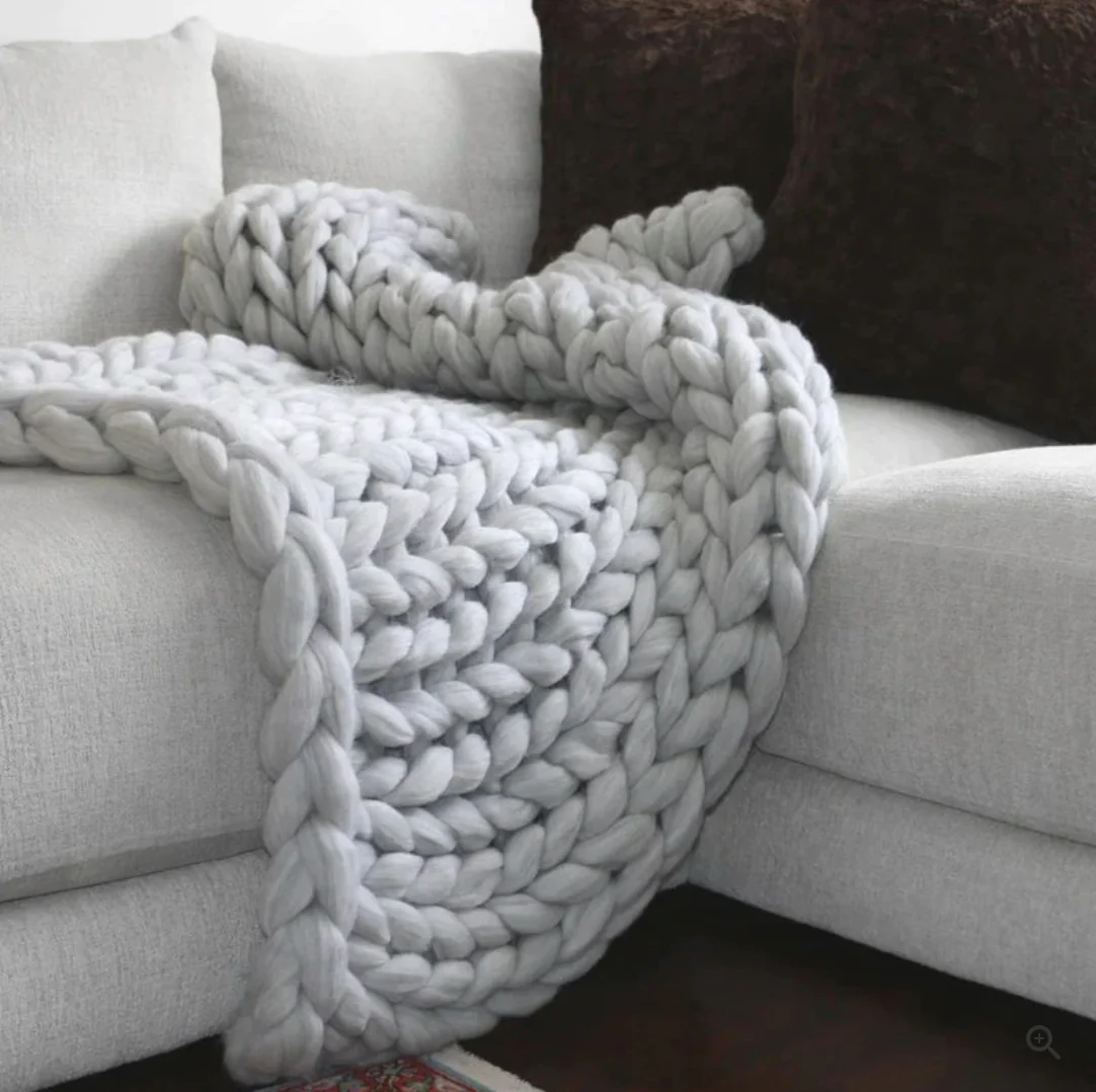 Hand Knitted Merino Wool Blanket Soft Chunky Throw All Season Cozy - Image 8