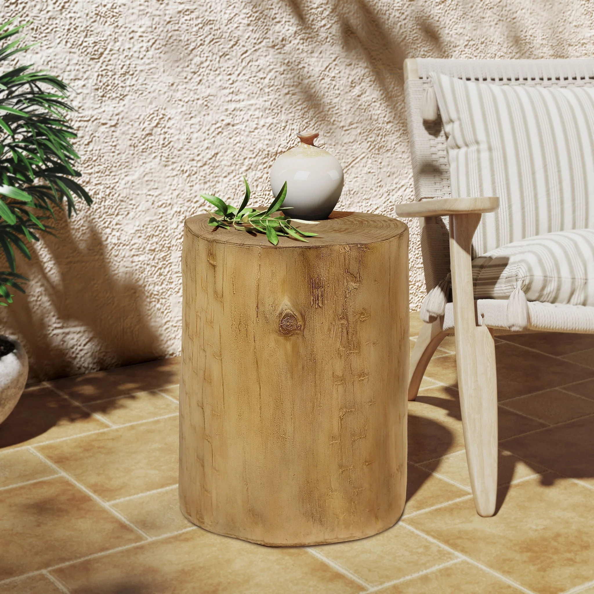 Hand Painted Wood Stump Style Outdoor Side Table - Light Brown - Image 3