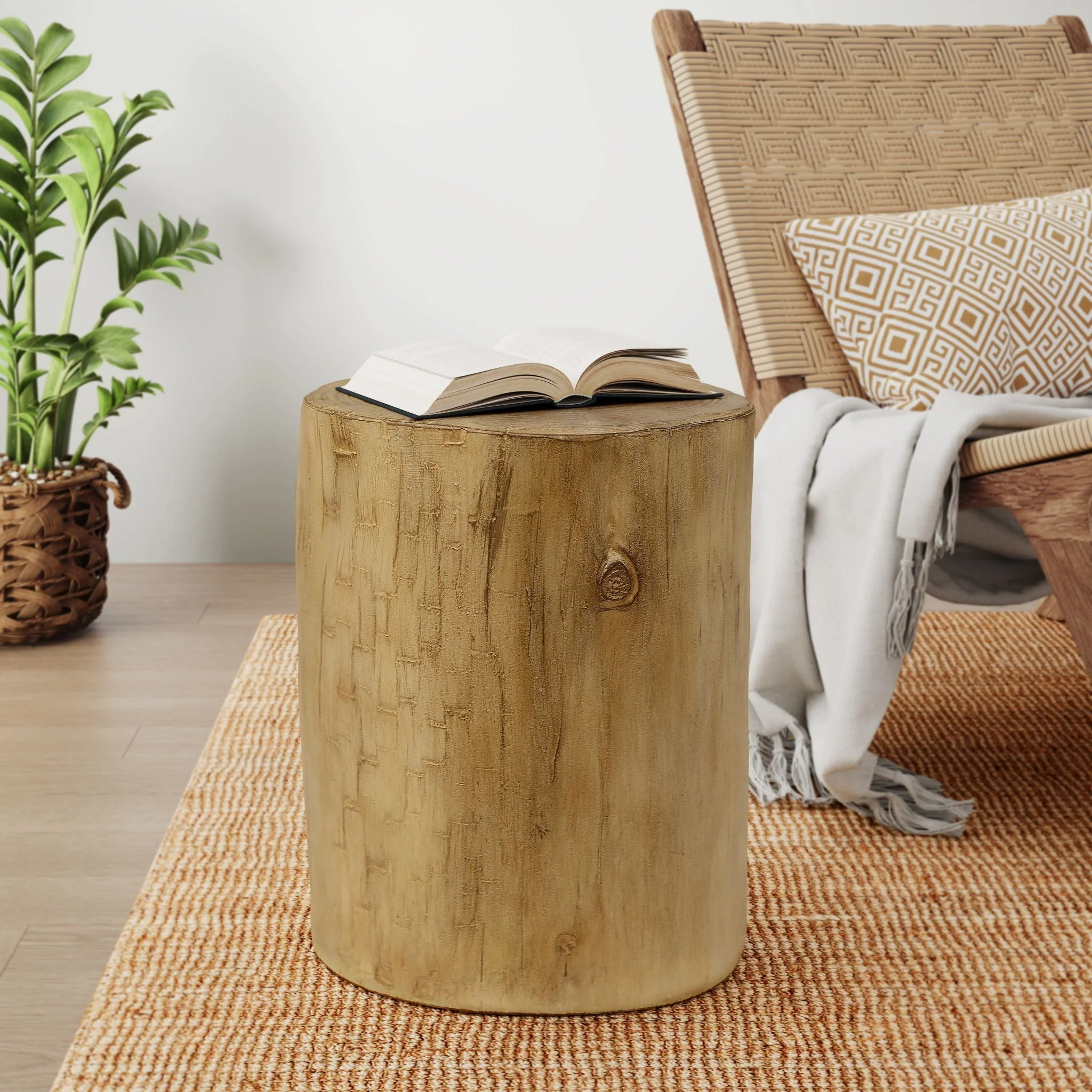 Hand Painted Wood Stump Style Outdoor Side Table - Light Brown - Image 4