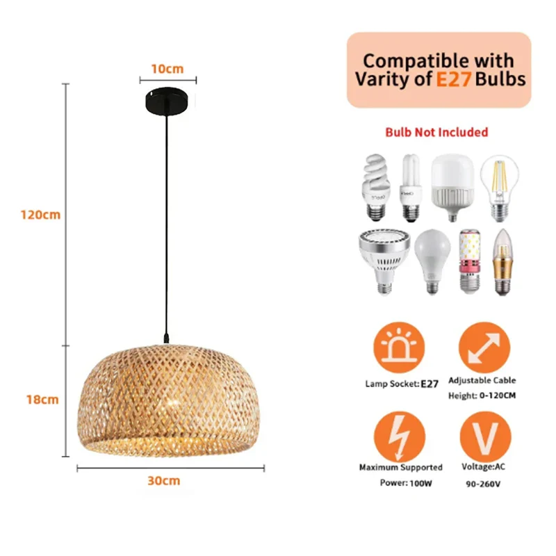 Handwoven Bamboo Rattan Pendant Lamp – Natural Wicker LED Hanging Light E27 - Image 5