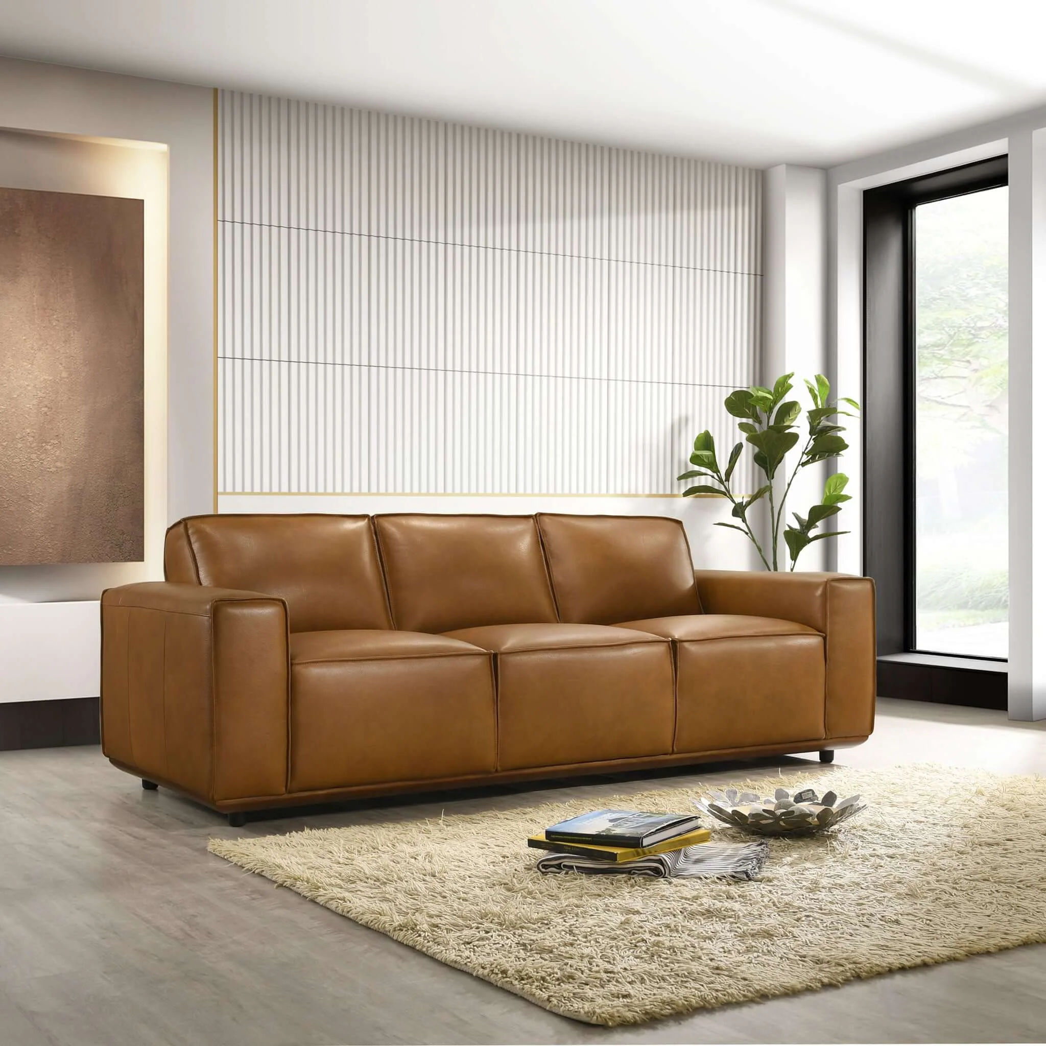 Hanky Genuine Tan Leather Sofa - Image 5