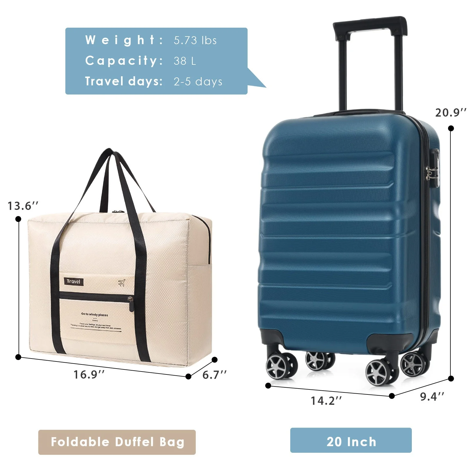 Hardshell ABS Carry-On Luggage Set with Spinner Wheels - Image 4