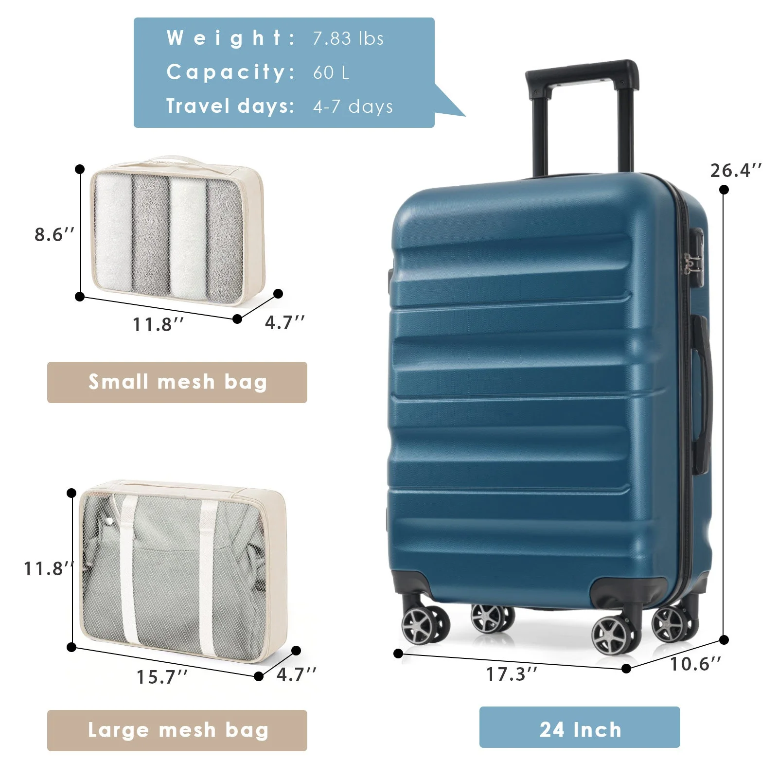 Hardshell ABS Luggage Set 24-Inch Spinner Suitcase with 2 Packing Cubes - Image 3