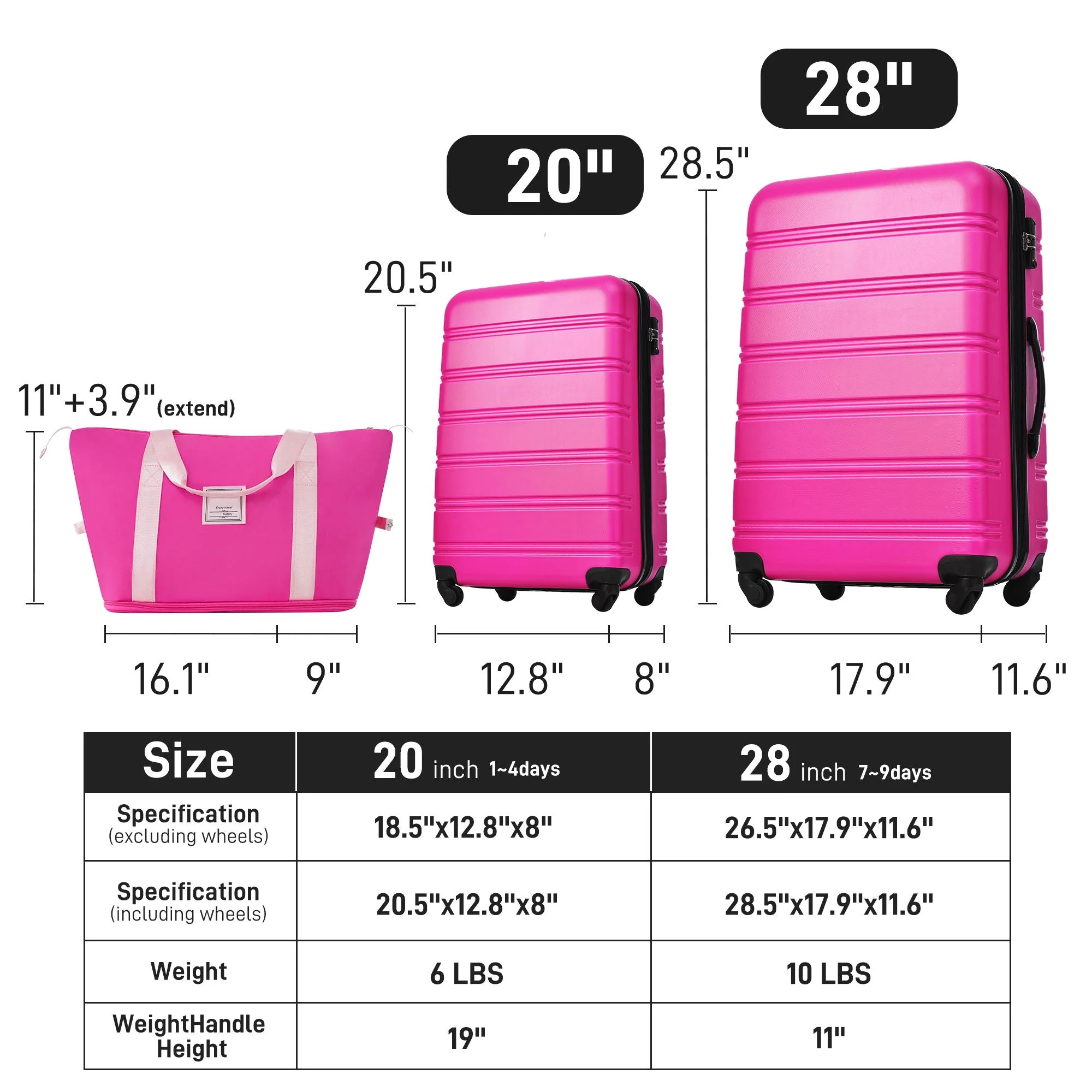 Hardshell Luggage Sets 2 Pieces + Bag Spinner Suitcase With TSA Lock Lightweight 20" / 28" - Pink - Image 8