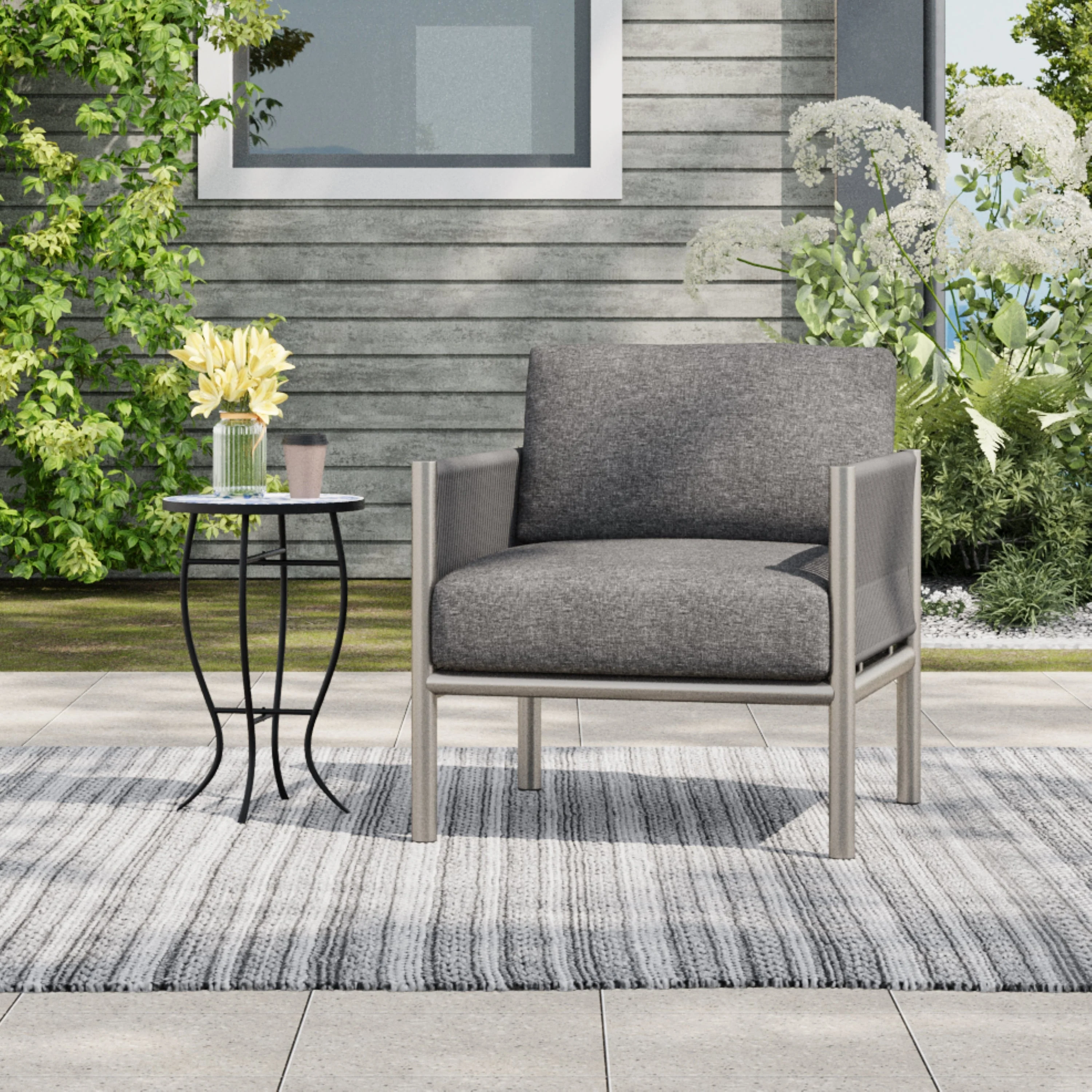 Hargrove Club Chair Stylish Aluminum Frame Braided Rope Sofa Silver Grey - Image 2