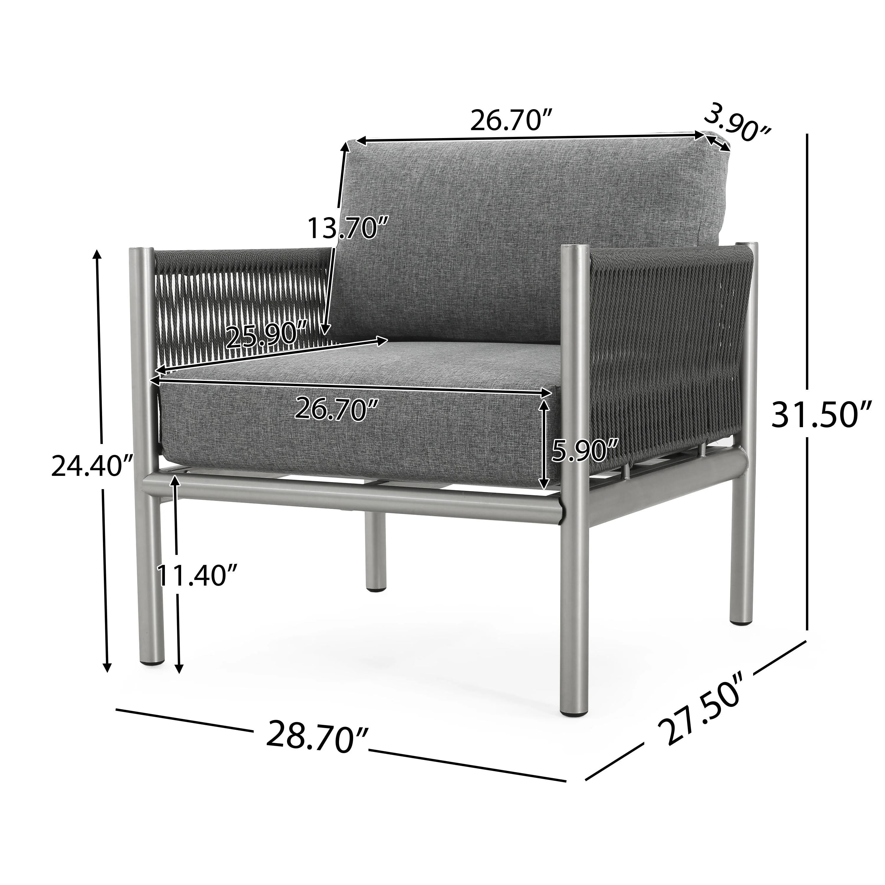Hargrove Club Chair Stylish Aluminum Frame Braided Rope Sofa Silver Grey - Image 3