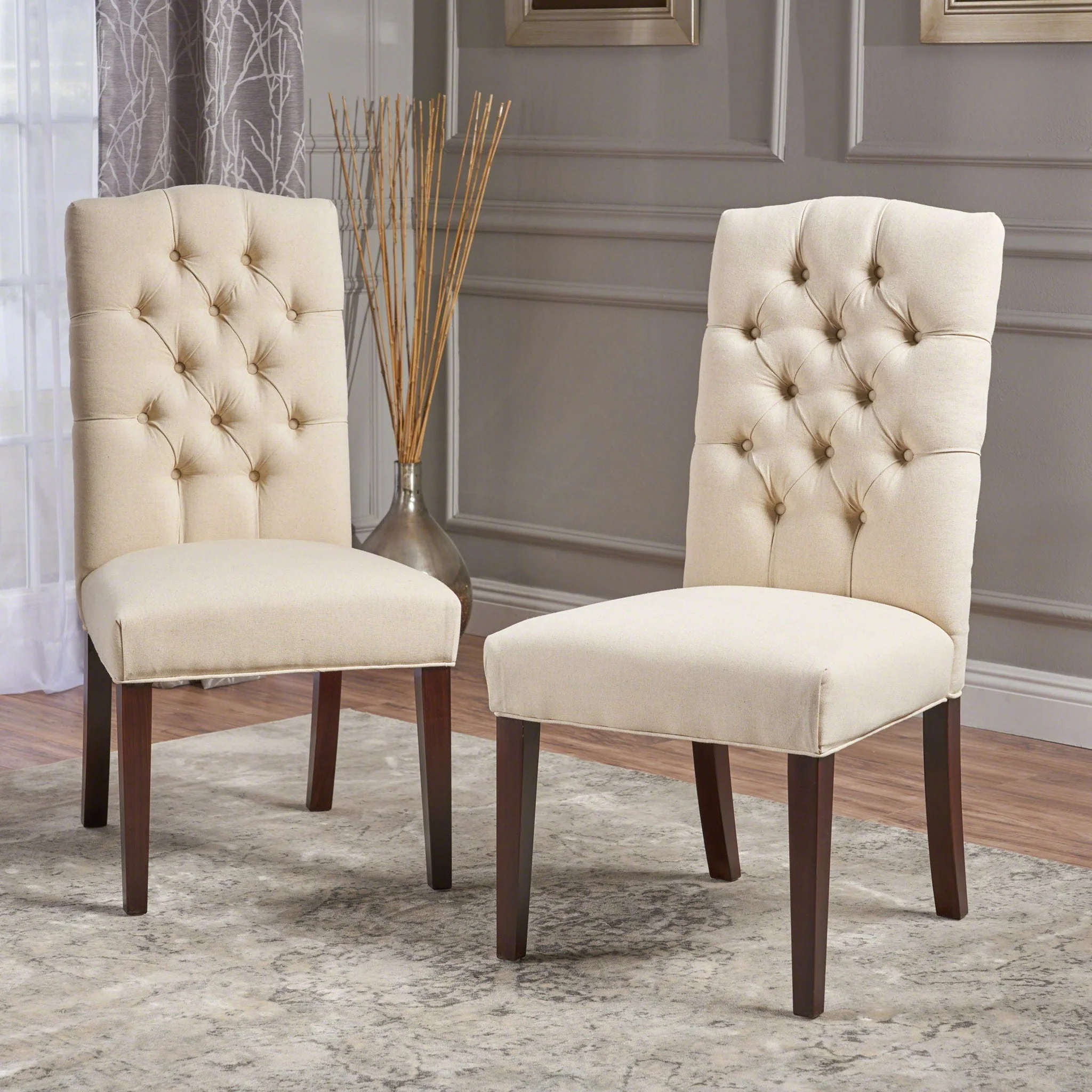 Harriet - Tufted Dining Chair Set Modern Farmhouse Style - Ivory Linen - Image 2