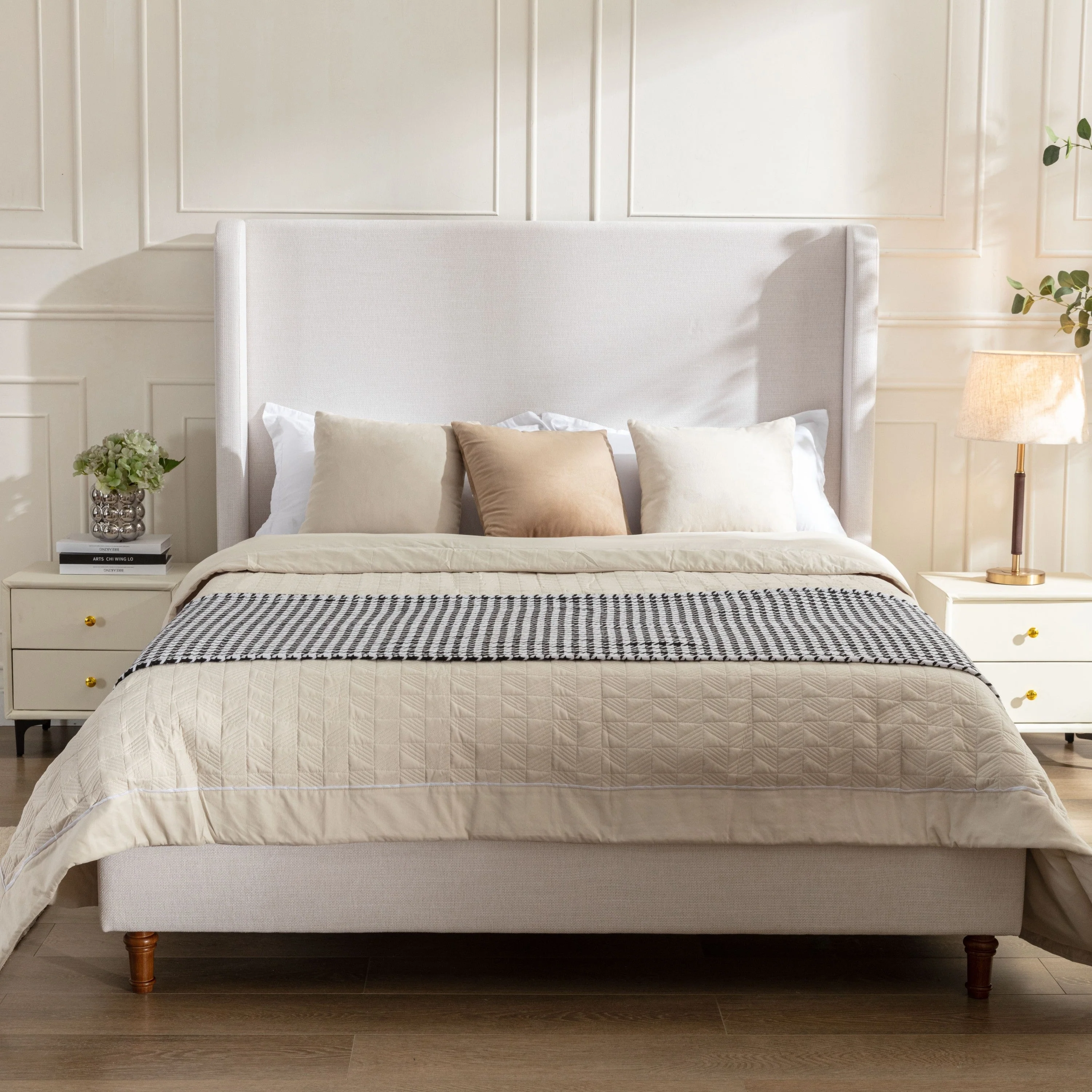 Hayden King Size Upholstered Wingback Bed with Textured Ivory Canvas and Tall 54' Headboard - Image 2