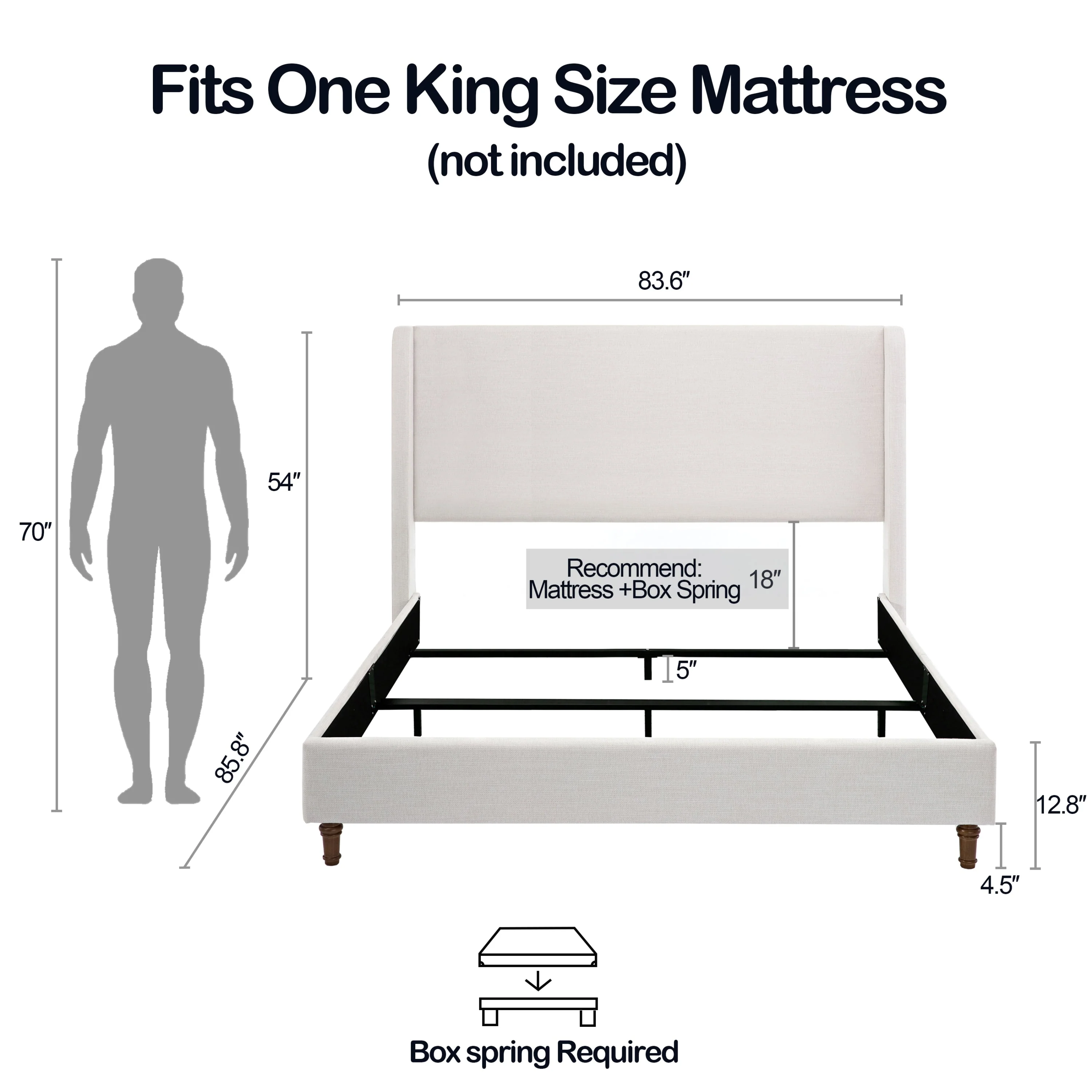 Hayden King Size Upholstered Wingback Bed with Textured Ivory Canvas and Tall 54' Headboard - Image 3