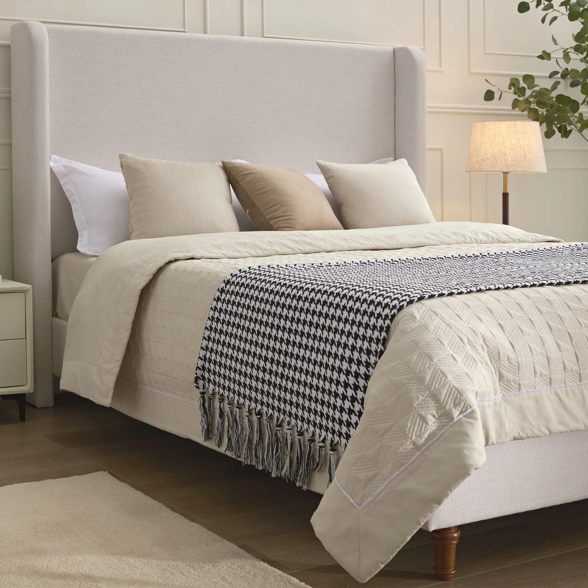 Hayden King Size Upholstered Wingback Bed with Textured Ivory Canvas and Tall 54' Headboard - Image 4