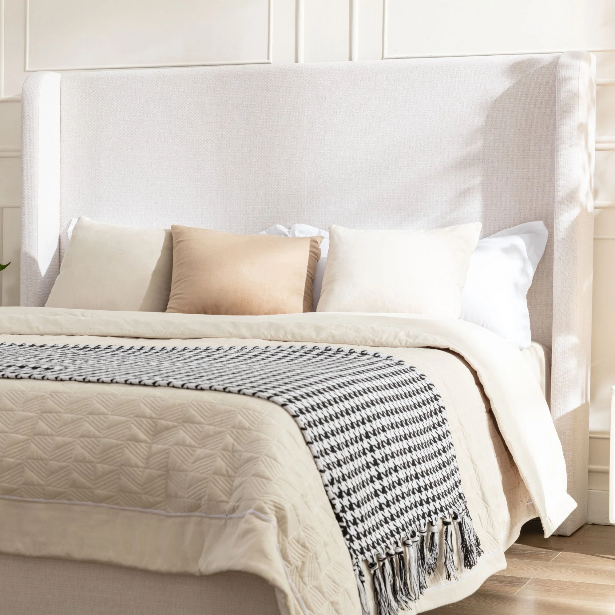 Hayden King Size Upholstered Wingback Bed with Textured Ivory Canvas and Tall 54' Headboard - Image 5