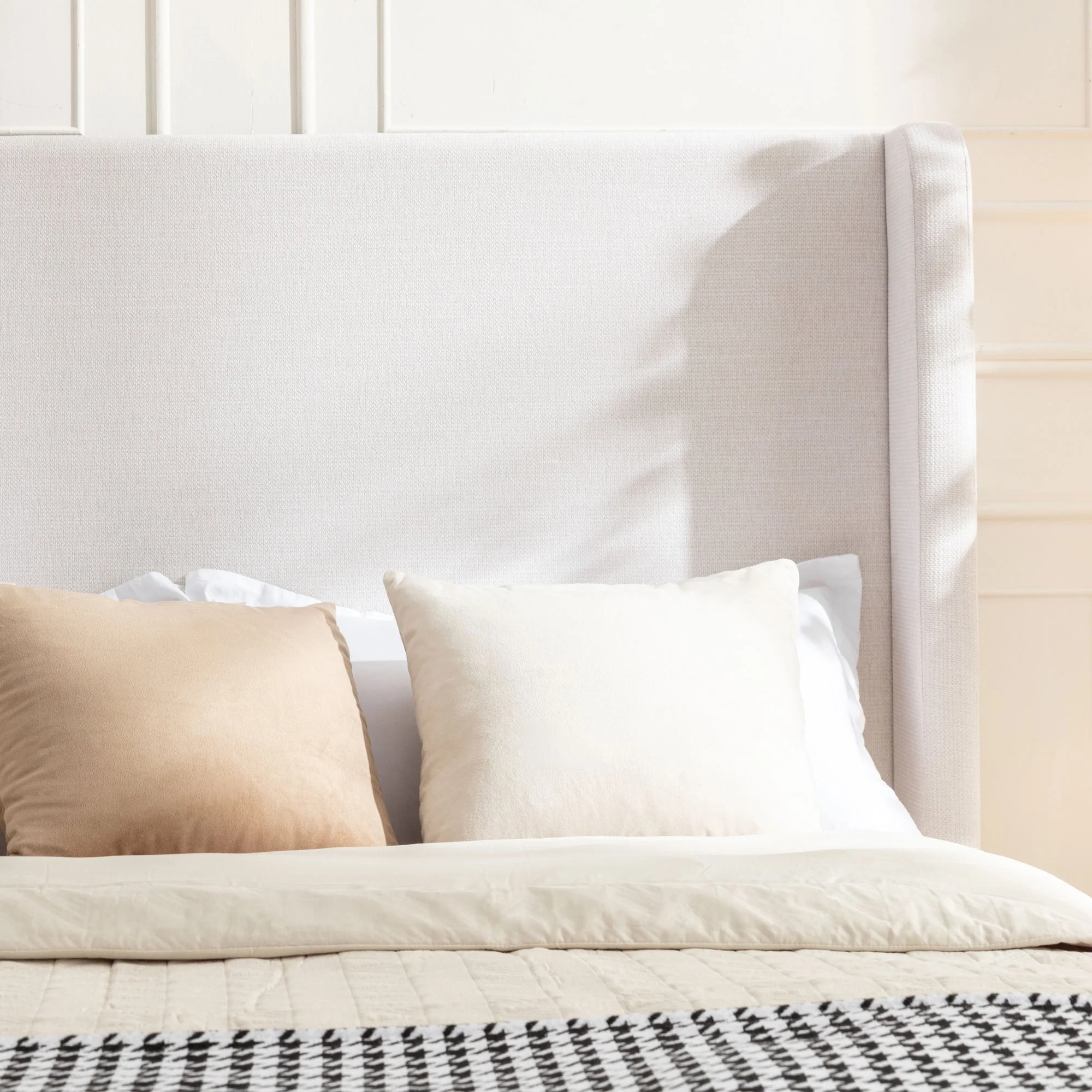 Hayden King Size Upholstered Wingback Bed with Textured Ivory Canvas and Tall 54' Headboard - Image 6